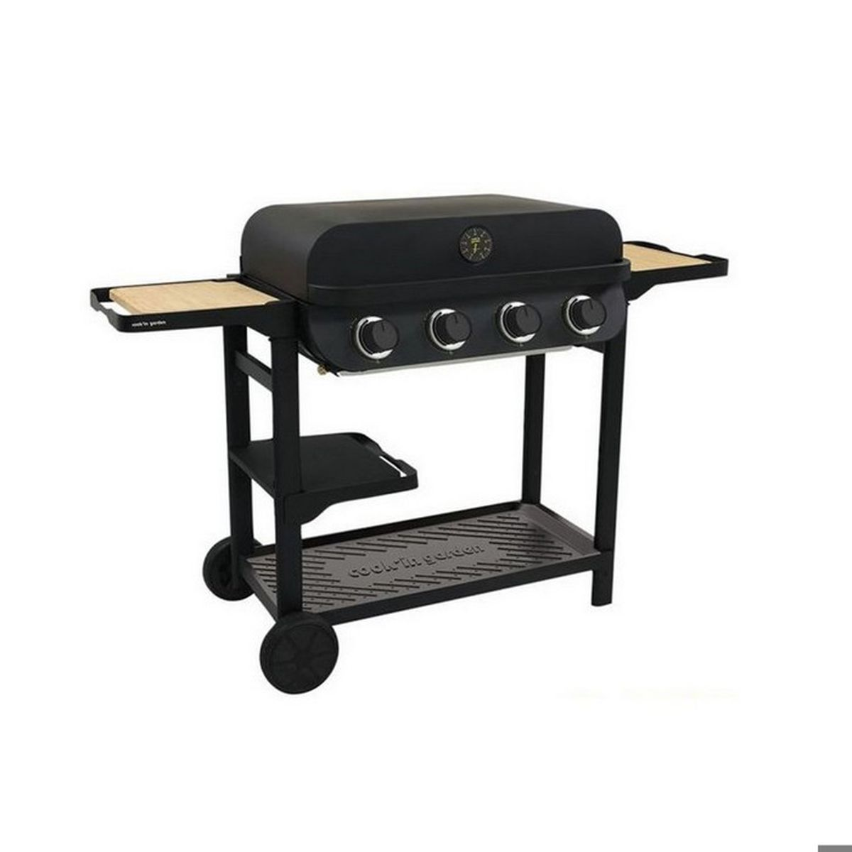 Ein schwarzer Gasgrill mit vier Brennern, Holzbrennern und Rädern.