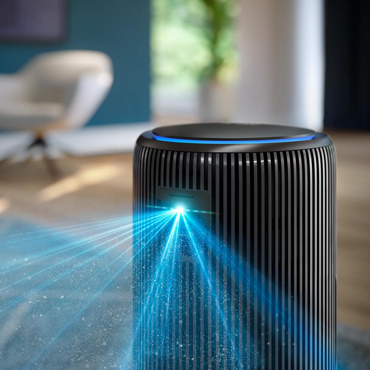 Un purificatore d'aria nero con raggi di luce blu che ne escono.