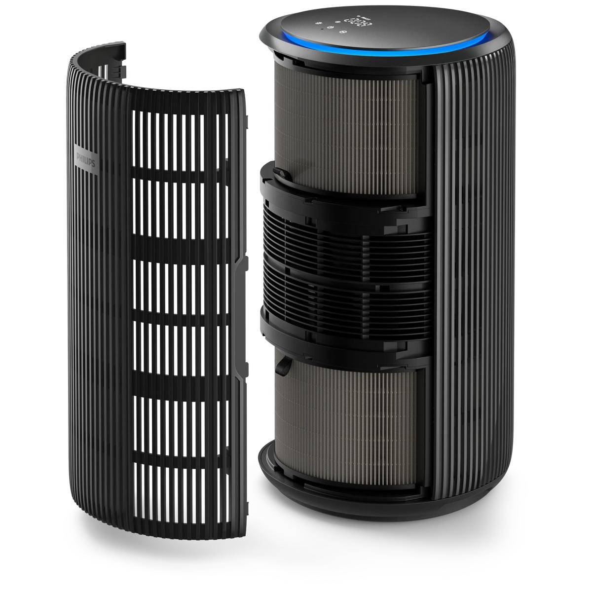 Purificatore d'aria nero con pannello frontale rimosso, mostra filtri e luce blu.