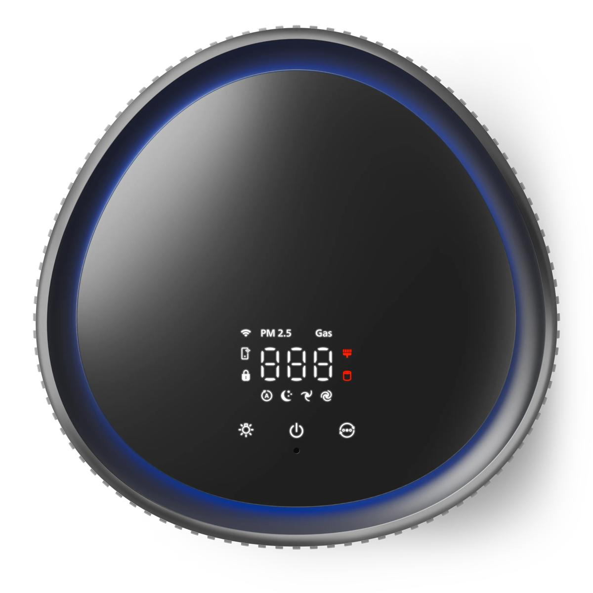 Un purificatore d'aria nero con luce blu e display digitale per PM 2.5 e gas.
