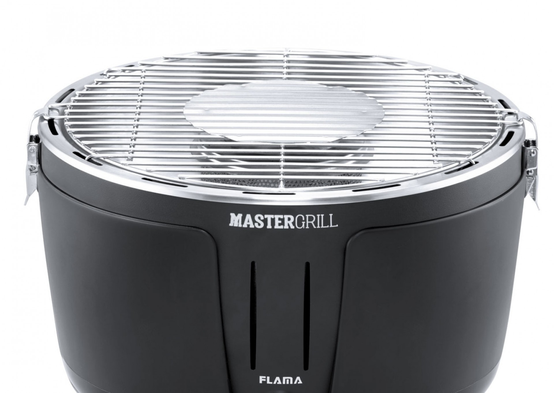 Griglia portatile nera con griglia argentata e fessure di ventilazione.