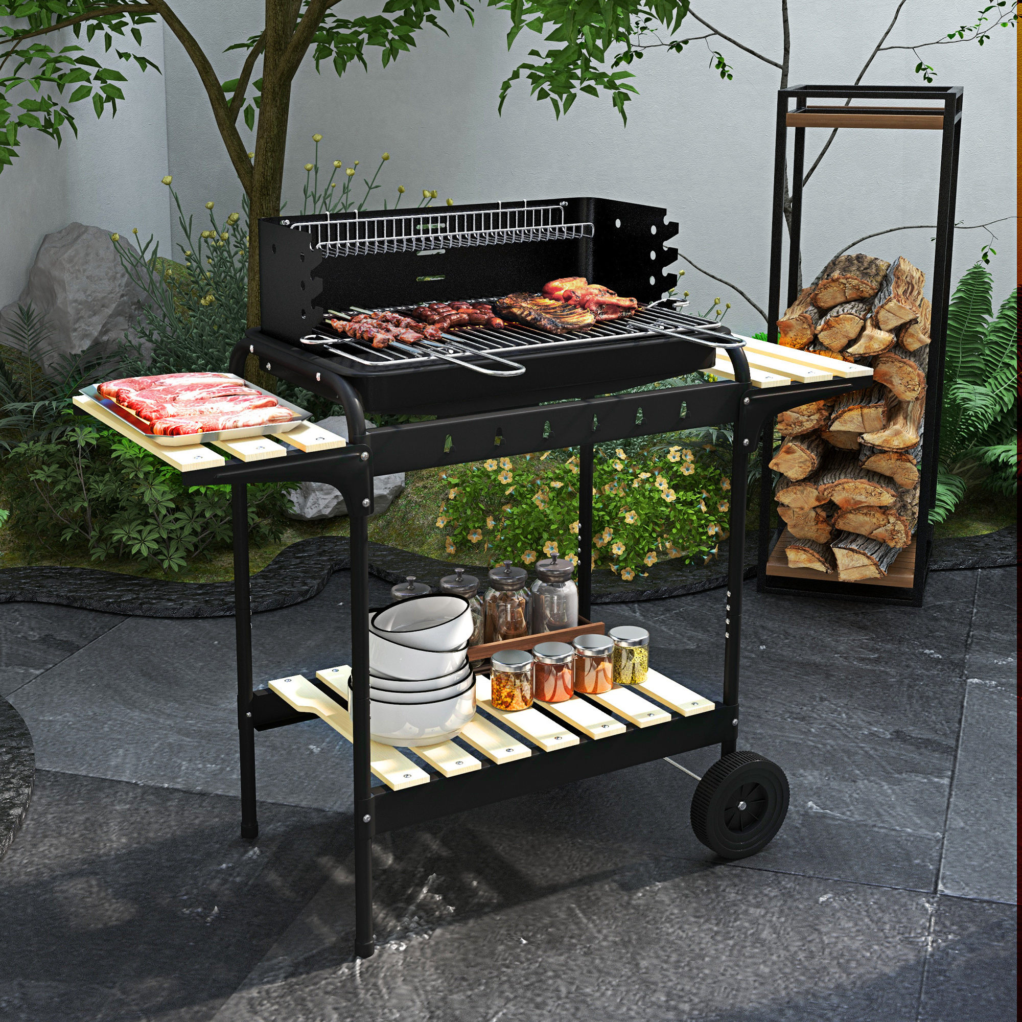 Un barbecue nero con varie carni in cottura, circondato da vegetazione e una catasta di legna, su un patio piastrellato.