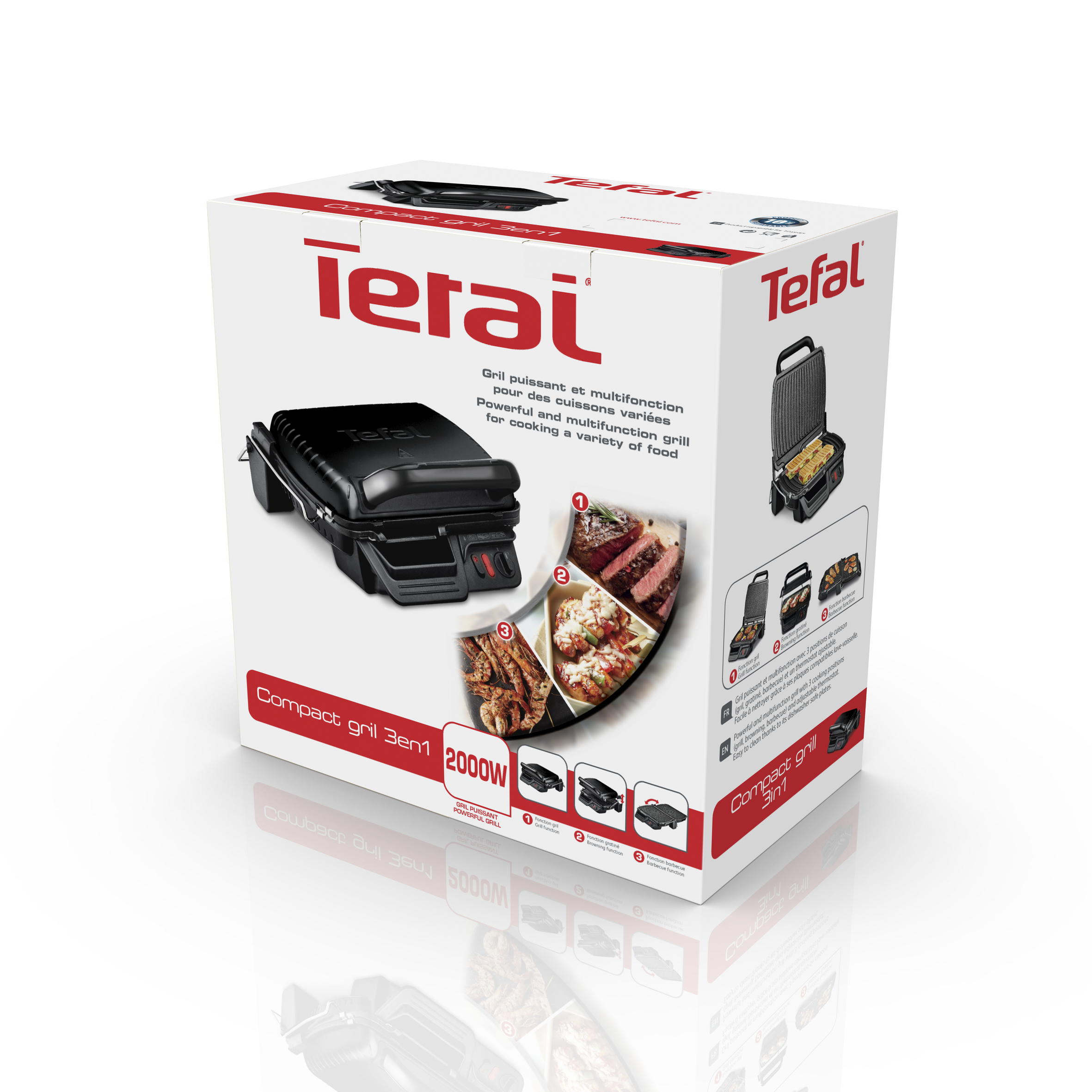 Grill compatto Tefal 3in1 su confezione con immagini di cibo e specifiche.