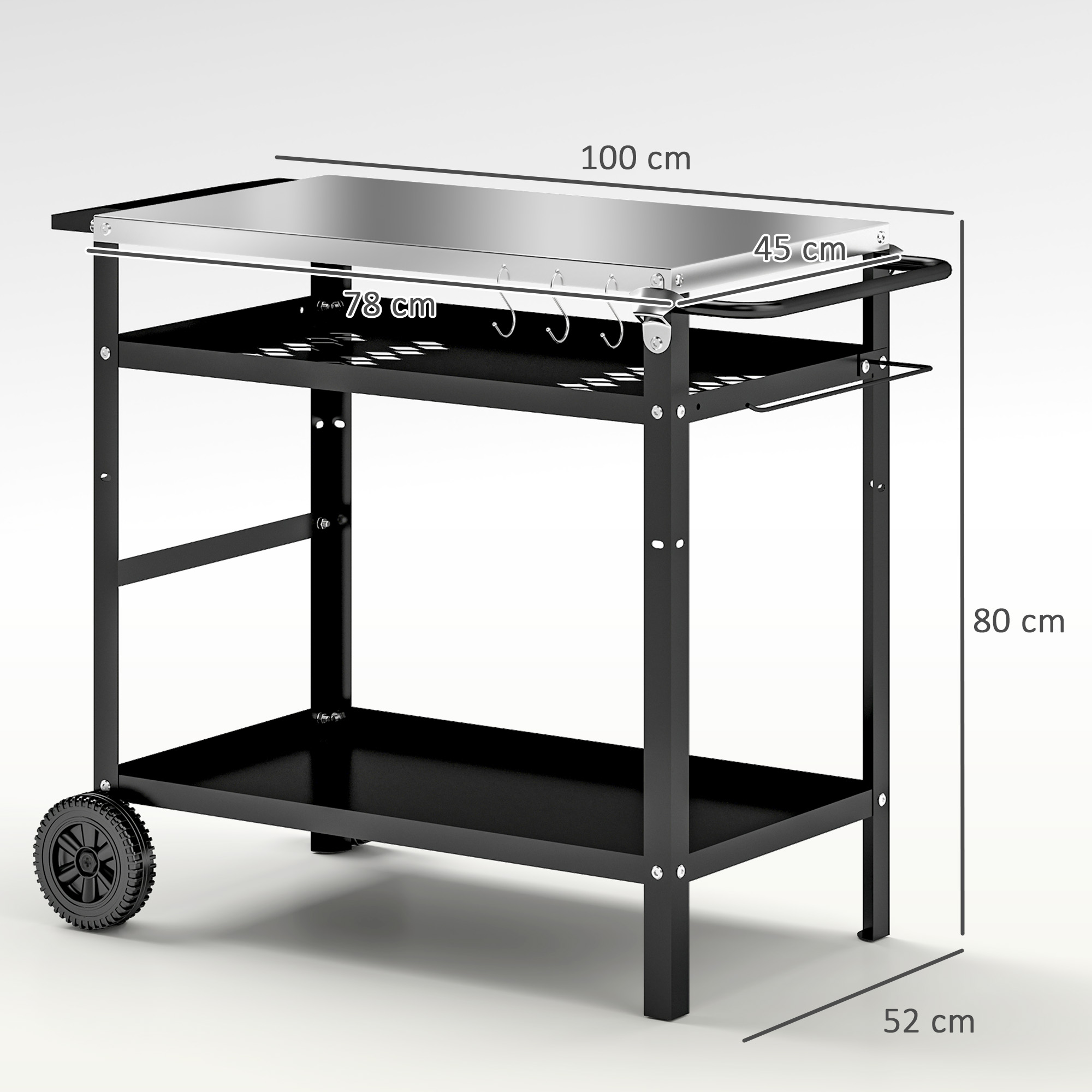 Carrello da grill nero con due ripiani, piano argentato, ganci e ruote.
