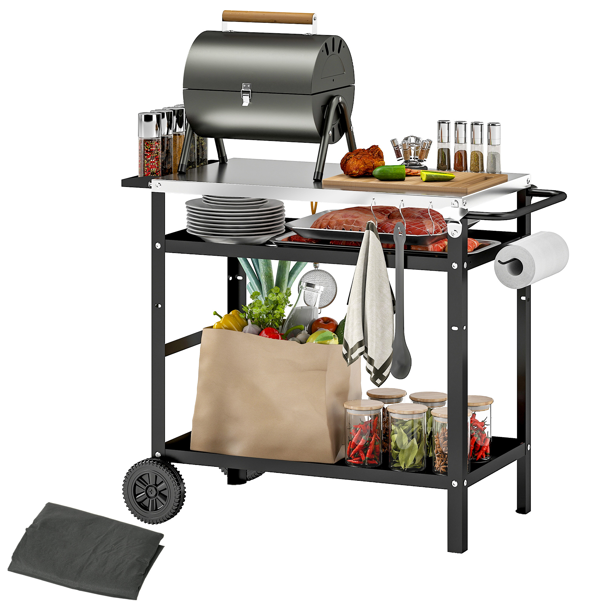 Carrello da griglia con griglia, carne, verdure, spezie e piatti su sfondo bianco.