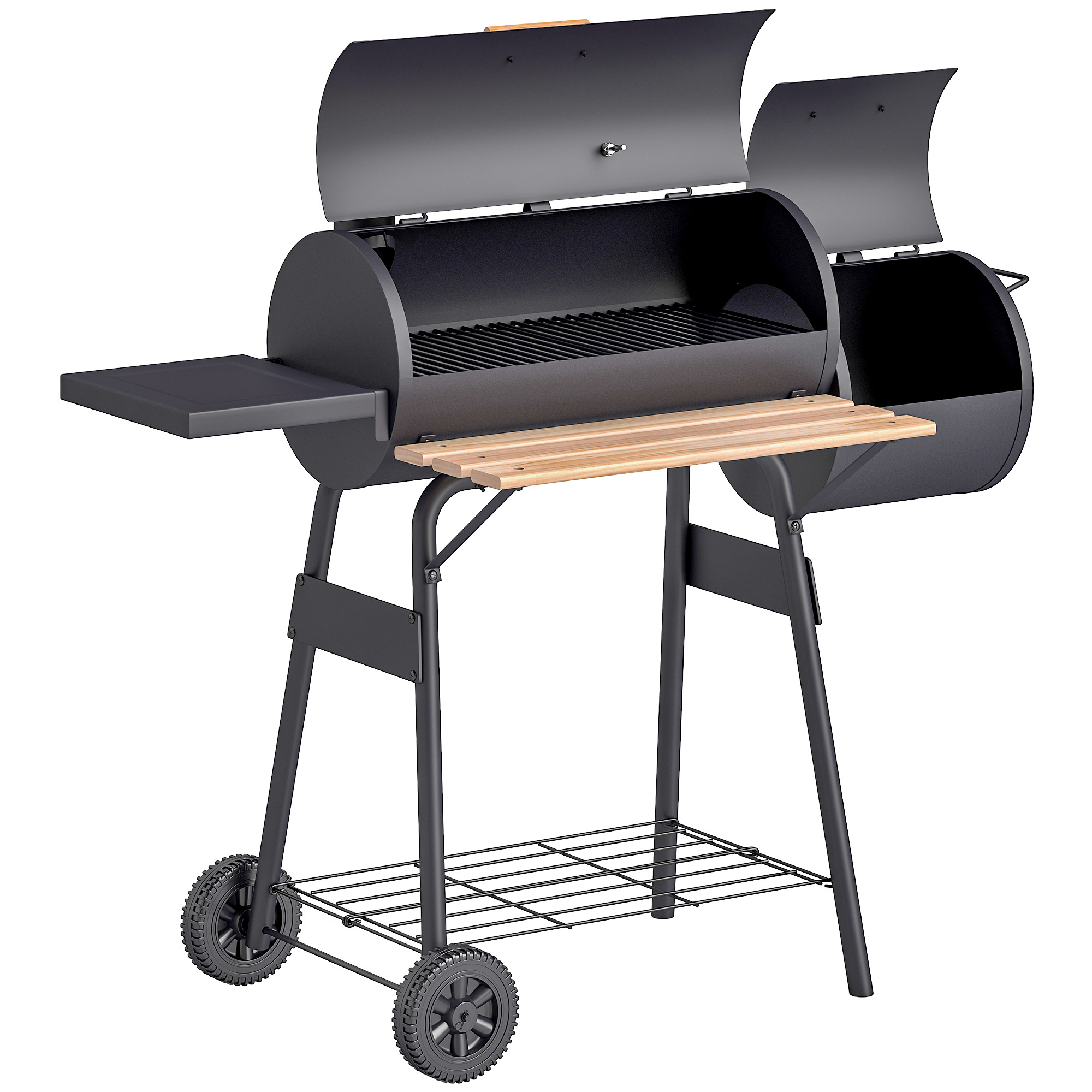 Griglia barbecue nera con coperchio aperto e mensola in legno su ruote.