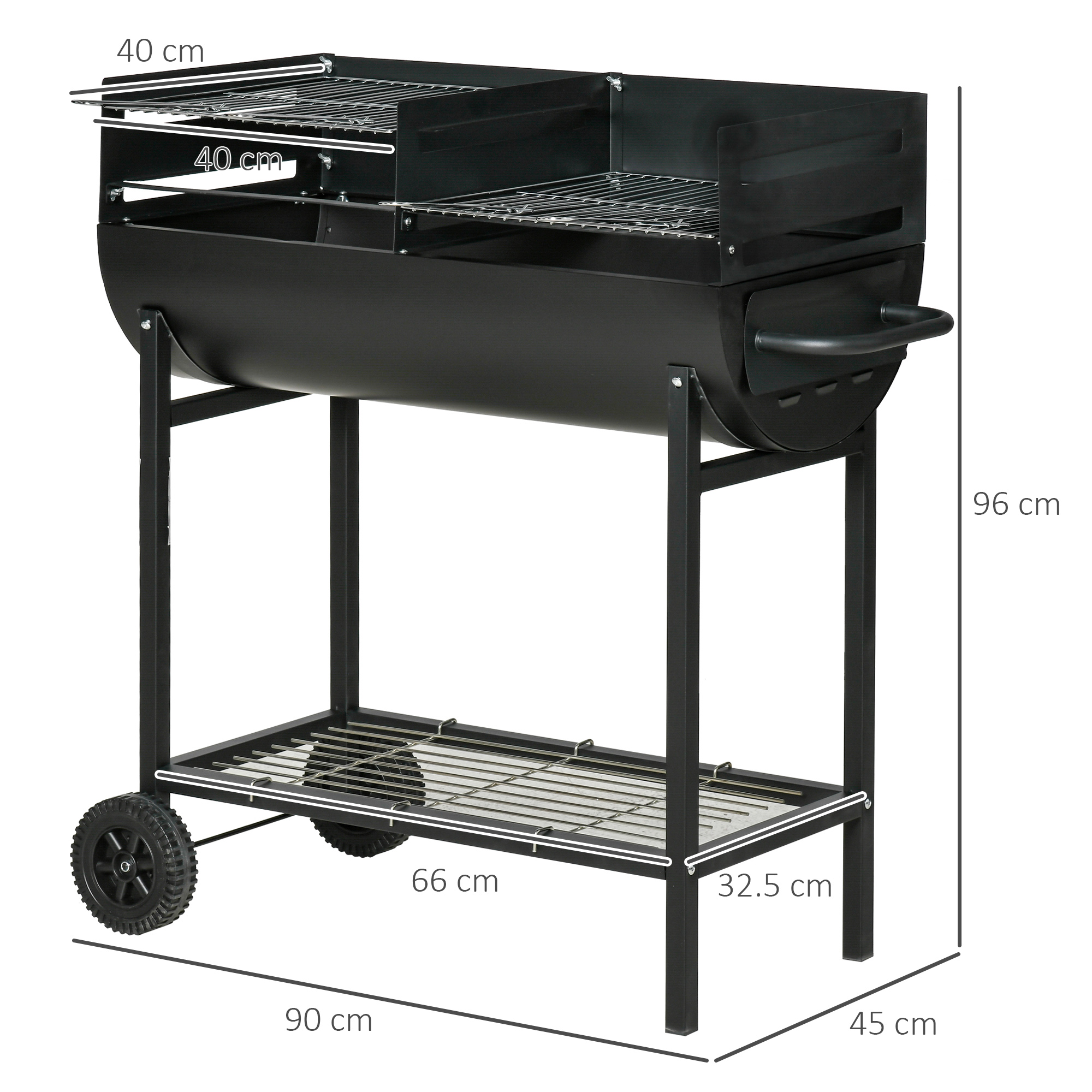 Griglia barbecue nera con due griglie, ripiano e ruote. Dimensioni indicate.