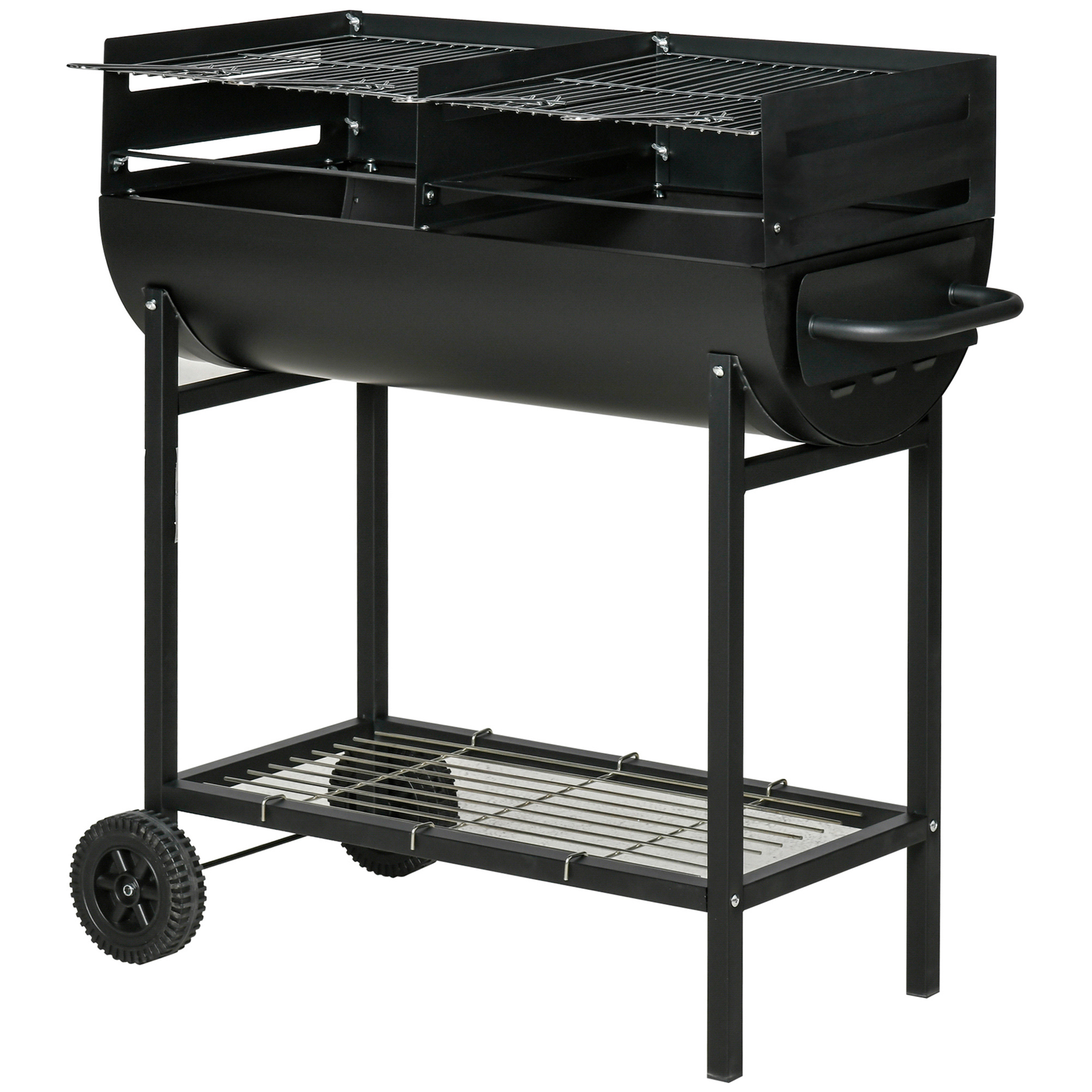 Un barbecue nero su supporto con due ruote e ripiano inferiore.