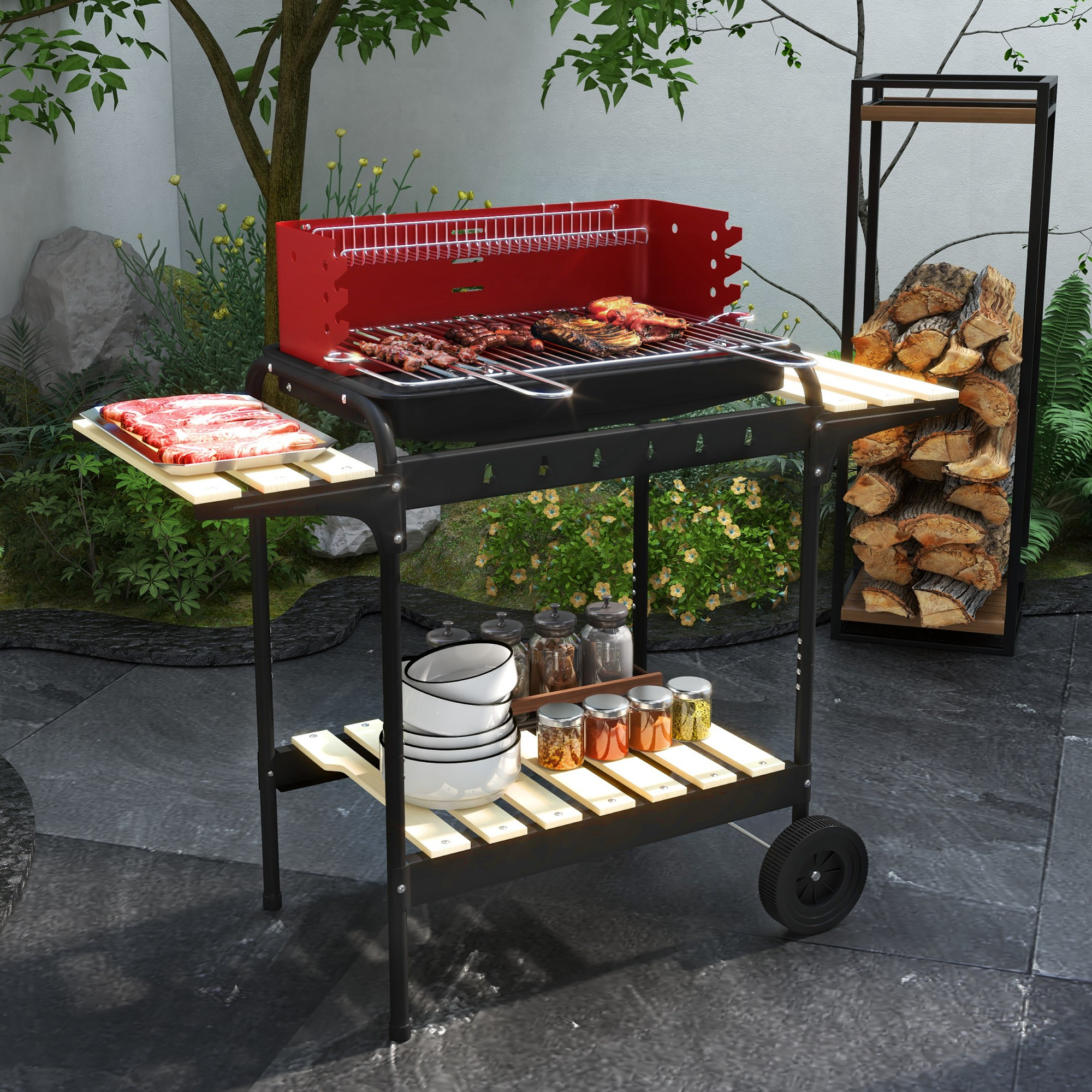 Una griglia con carne e spezie si trova su un patio accanto a tronchi di legno.