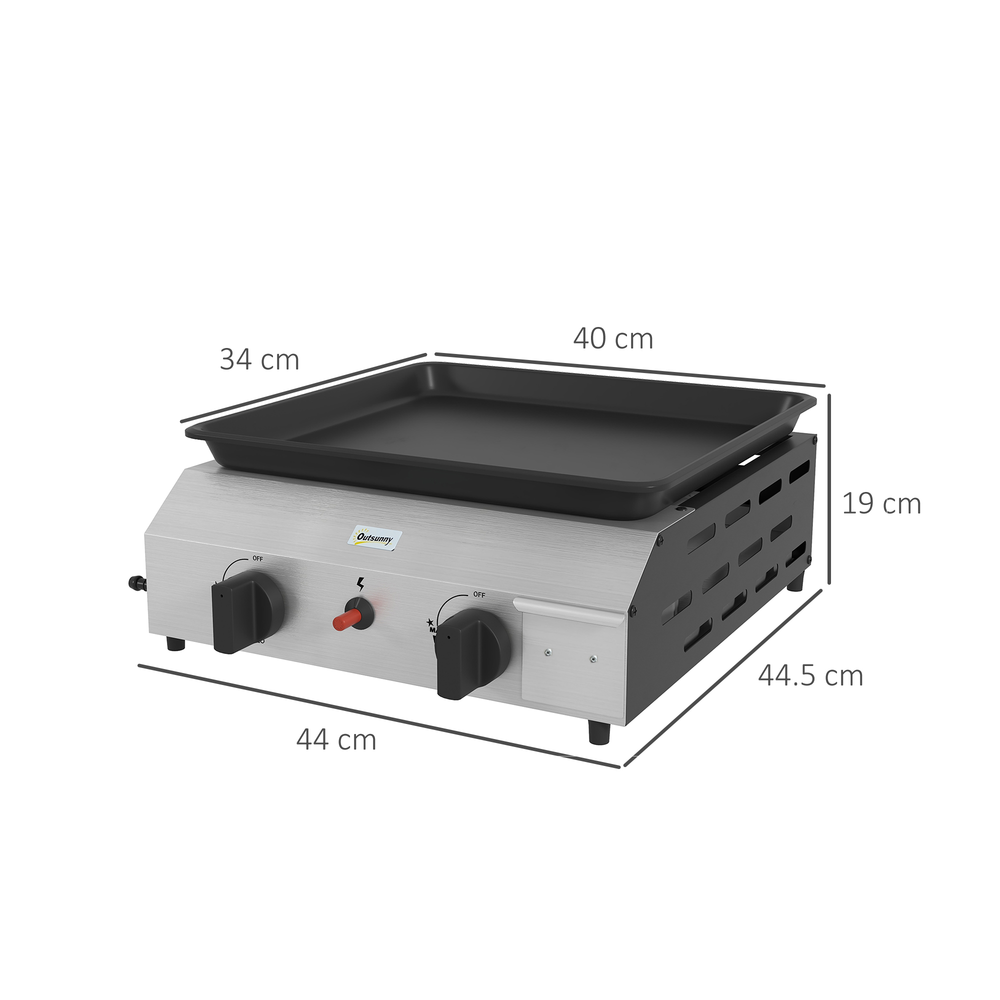 Bistecchiera in acciaio inox con due manopole e dimensioni.