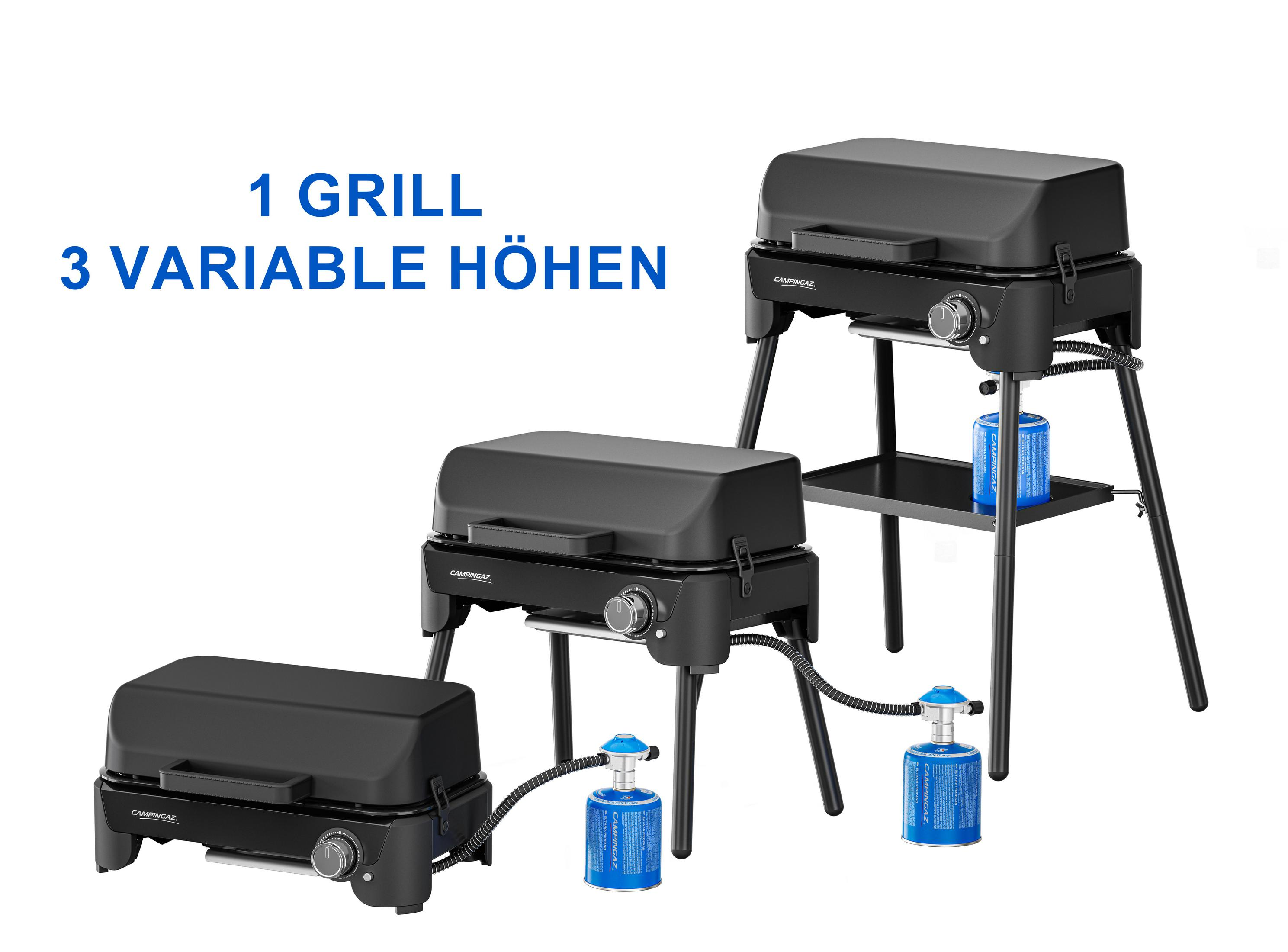 Tre griglie a gas nere a diverse altezze con bombole di gas blu.