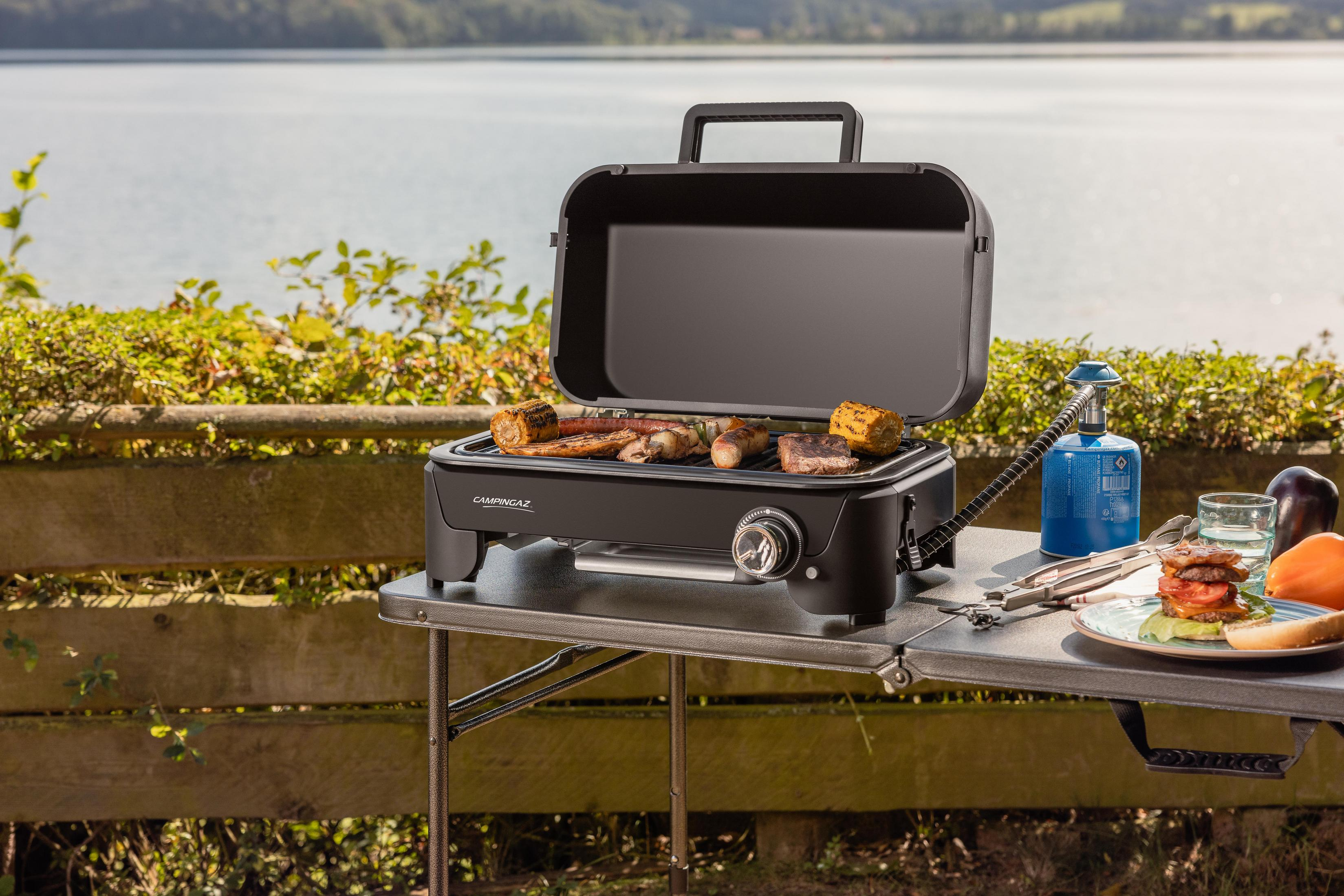 Una griglia aperta con carne e pannocchie di mais vicino a un lago.