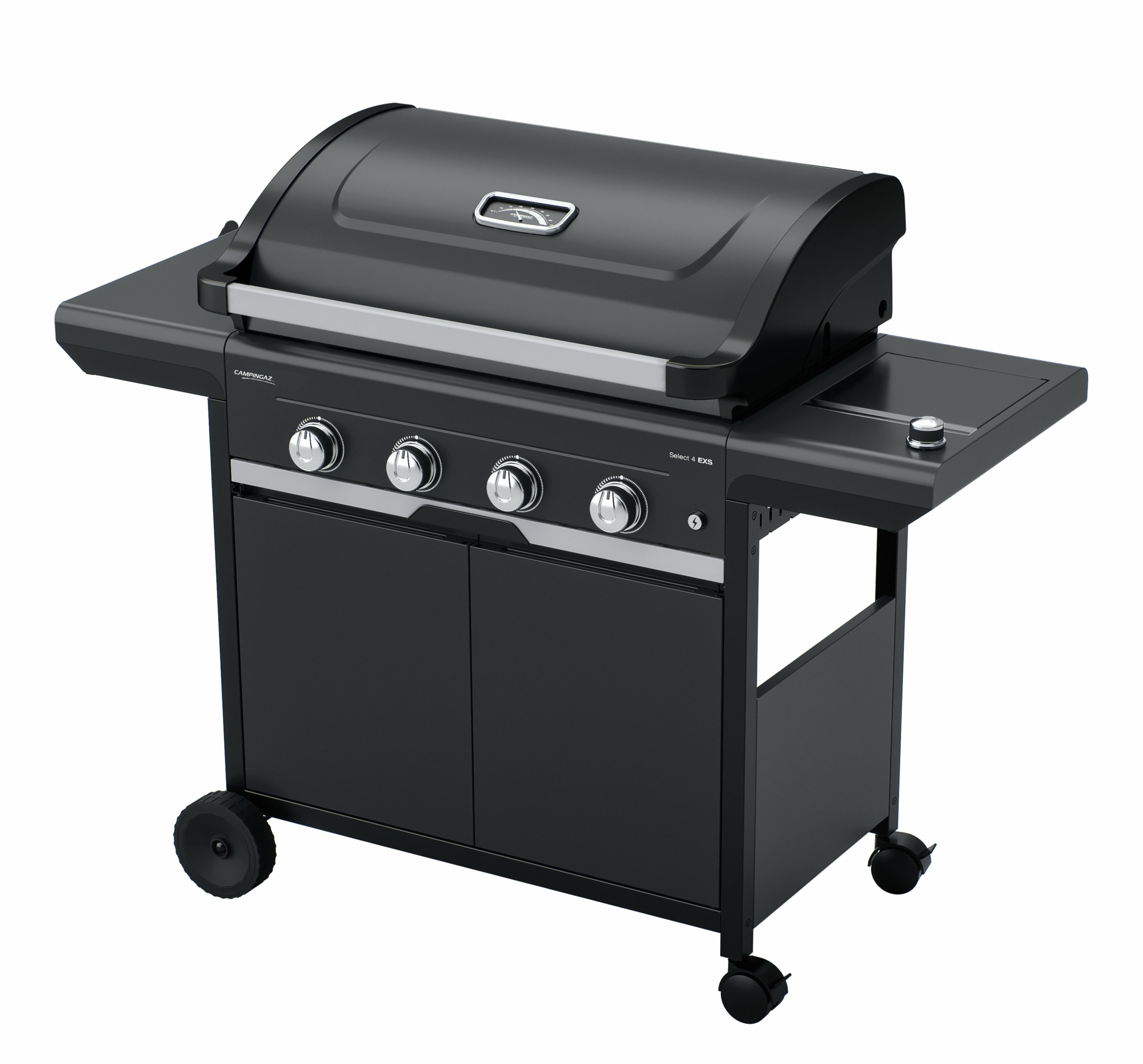 Ein schwarzer Gasgrill mit vier Brennern, seitlichen Ablagen, Rädern und einem Thermometer.