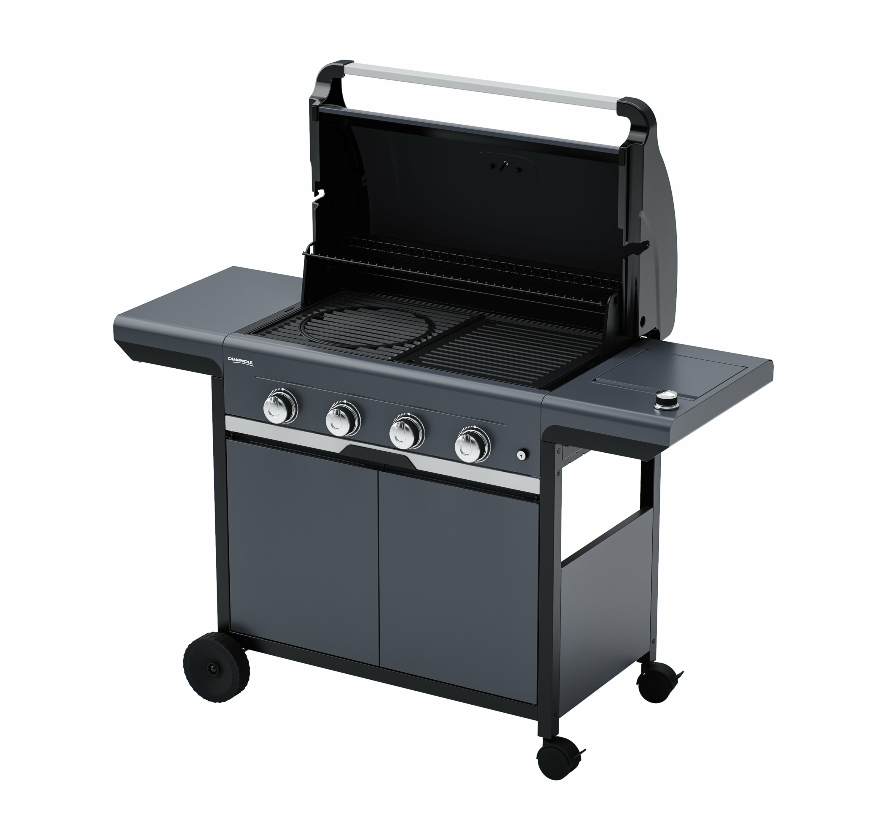 Ein grauer Gasgrill mit offenem Deckel und vier Brennerknöpfen.