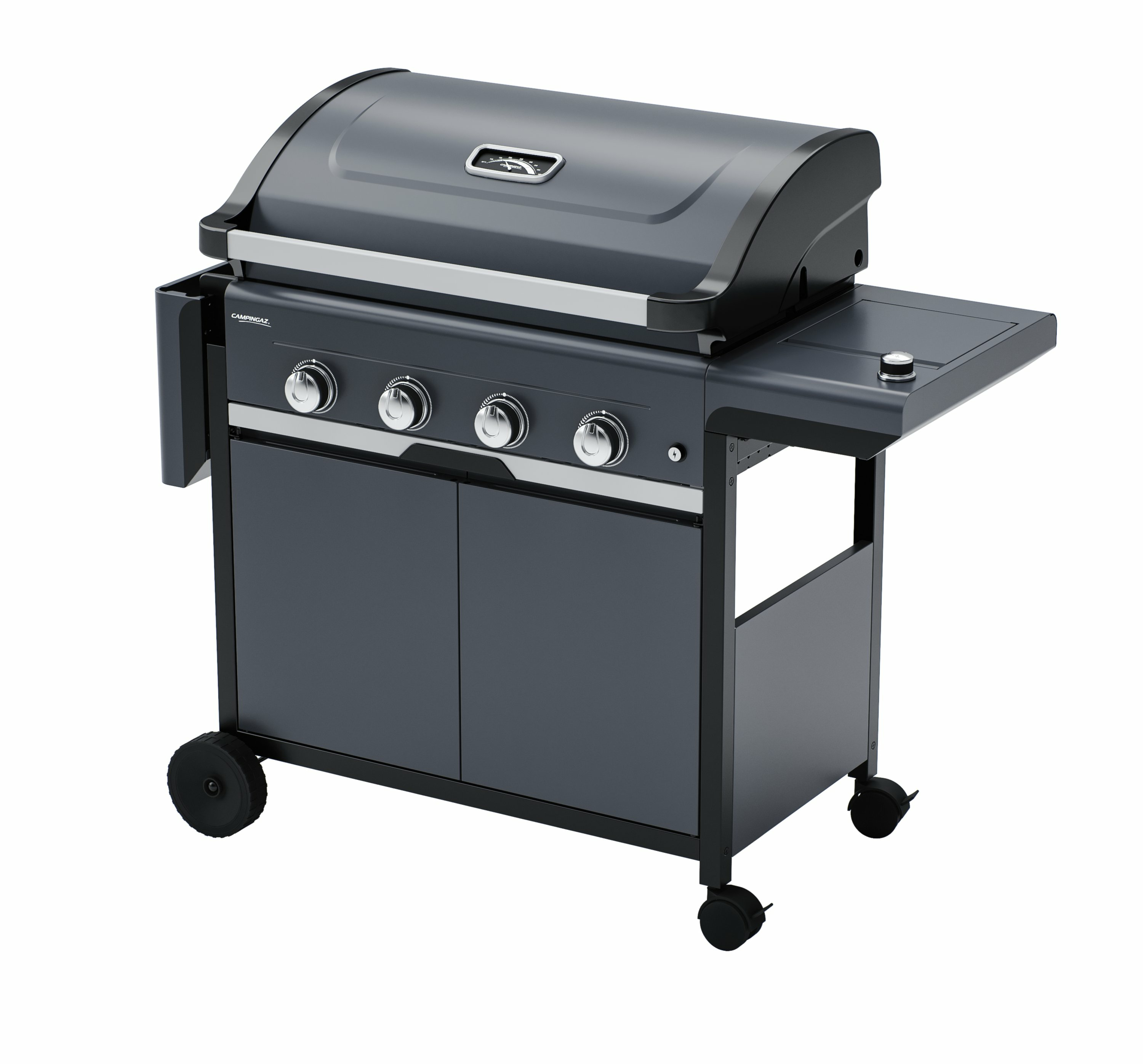 Ein dunkler Gasgrill mit vier Knöpfen, einem Thermometer und Rädern.