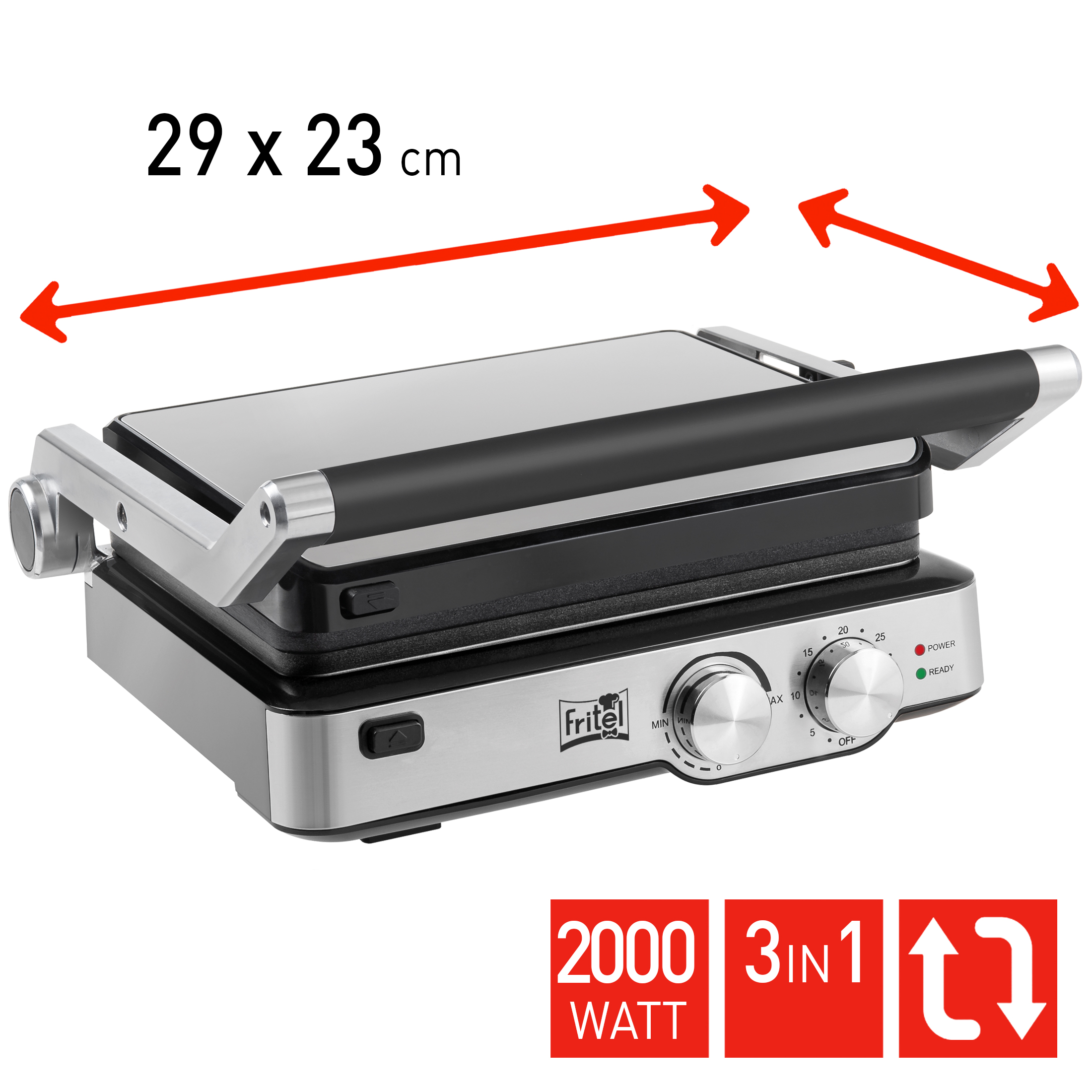 Grill a contatto argentato con manico e controlli neri. 29x23cm, 2000W.