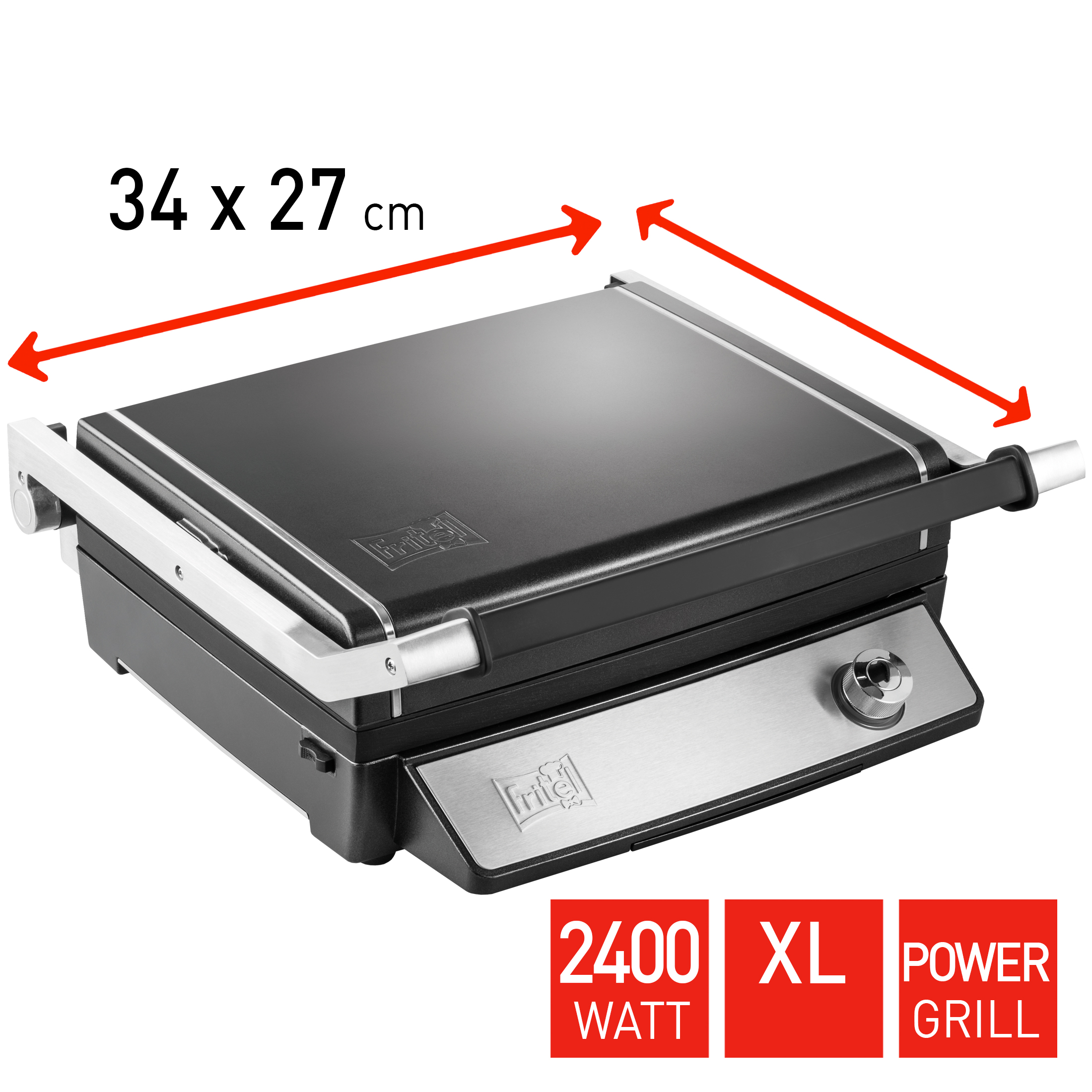 Black contact grill with 2400 watts, XL size, 34x27cm.