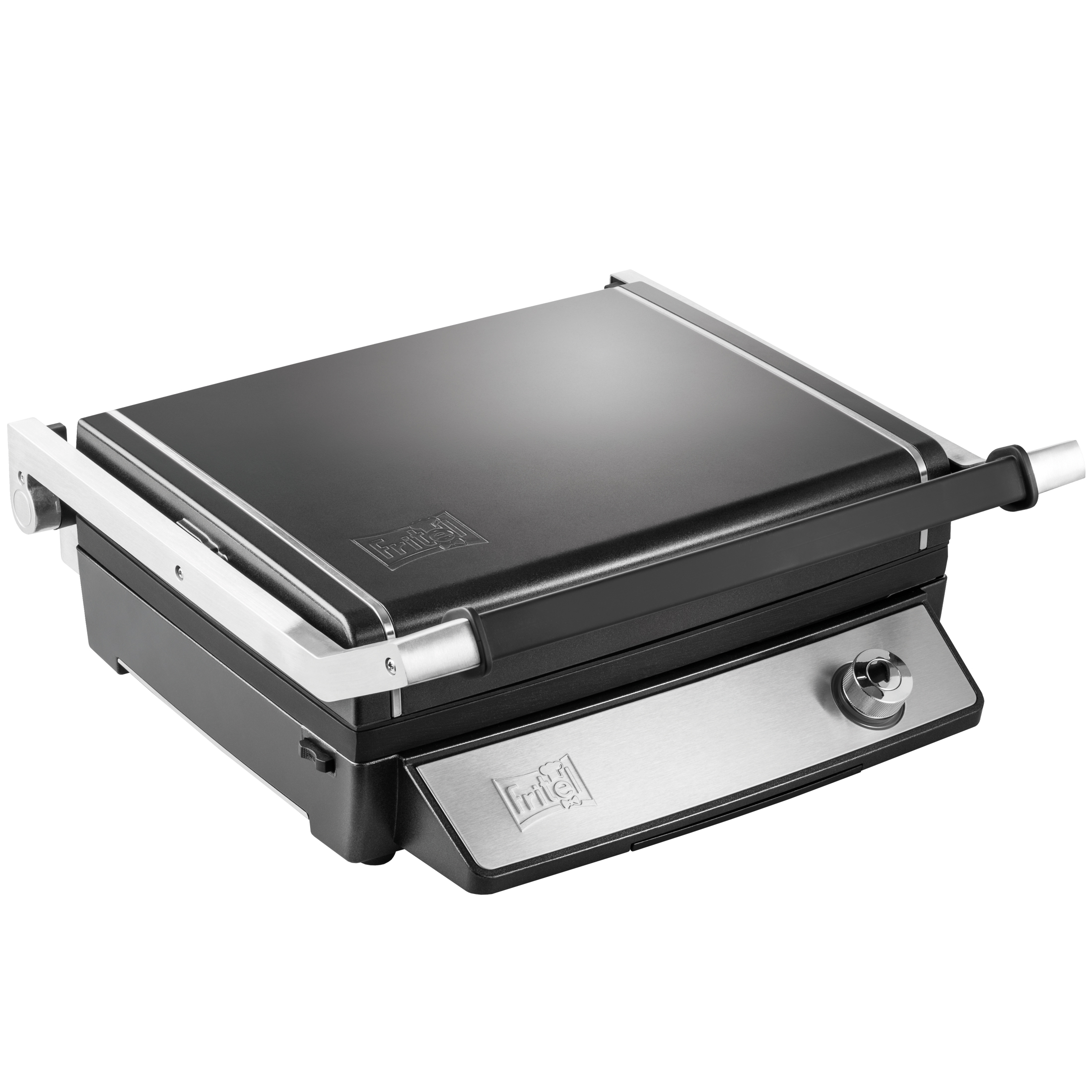 A closed black contact grill with silver accents and a rotary knob.