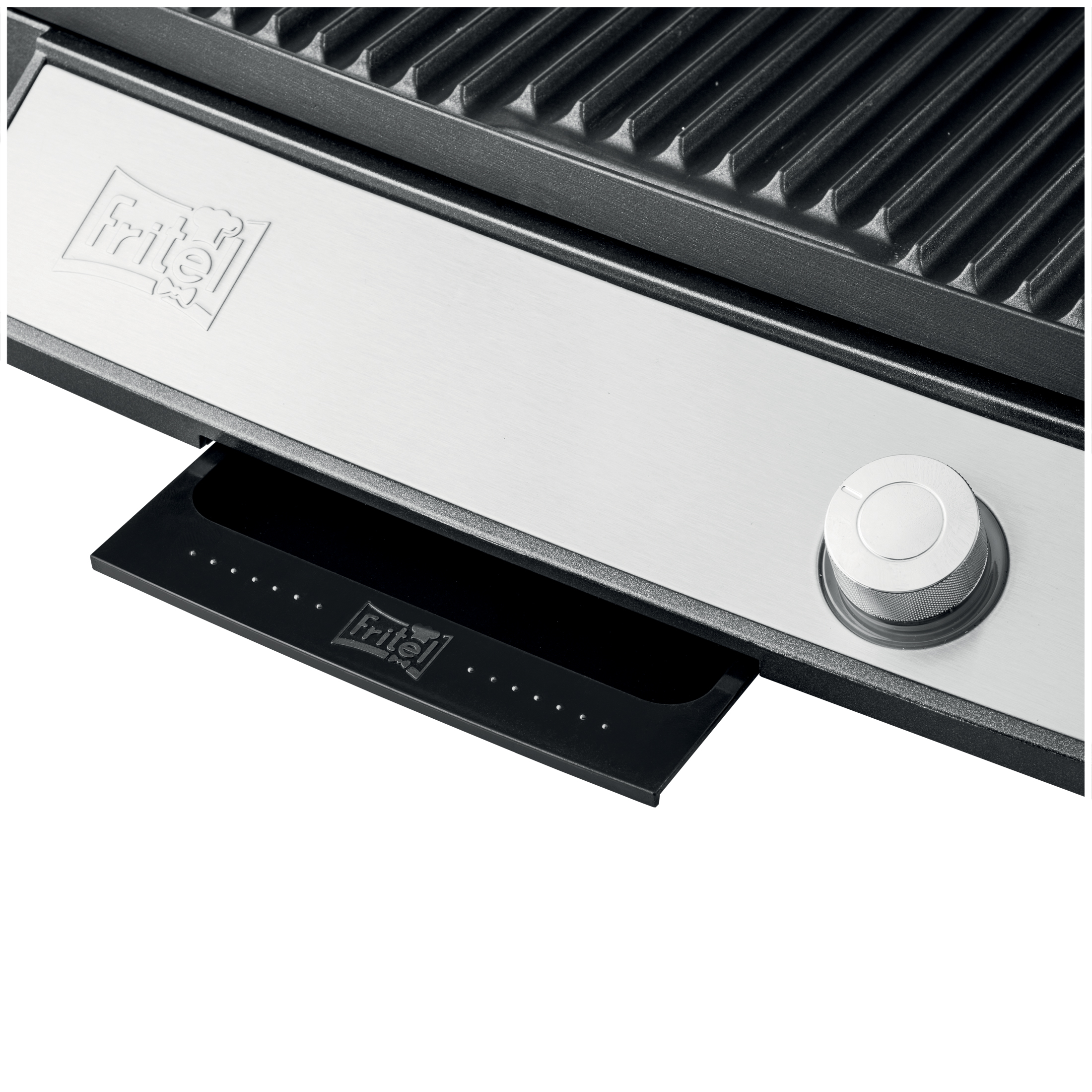 Close-up of a grill with a stainless steel front, control knob, and drip tray.