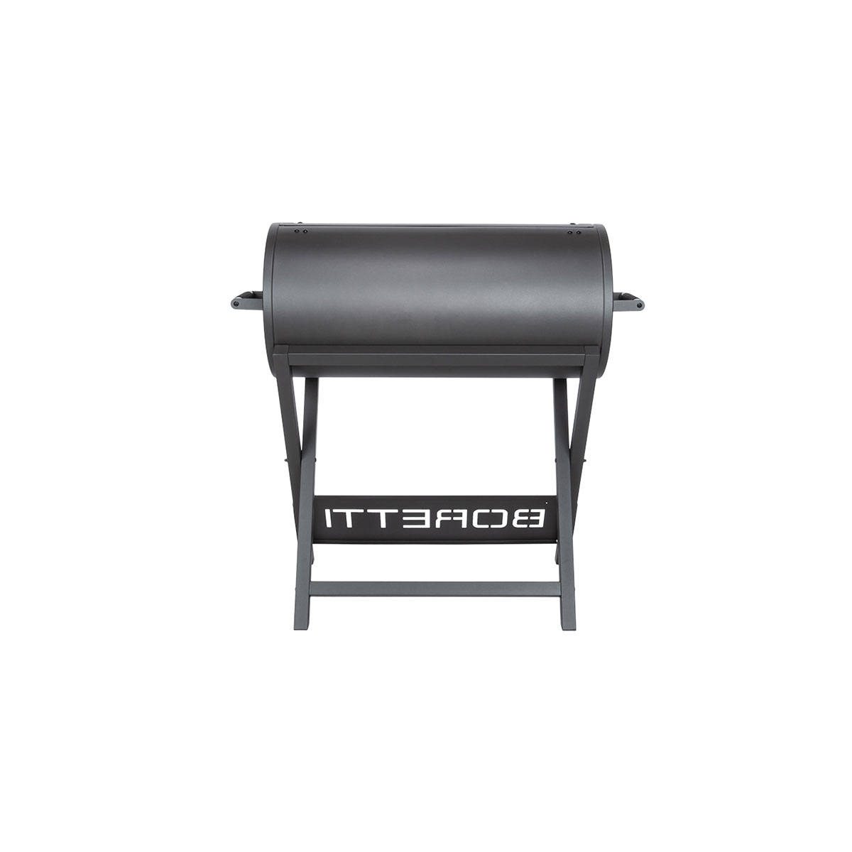A dark, cylindrical grill on a folding stand with the logo 'ECBELLI'.