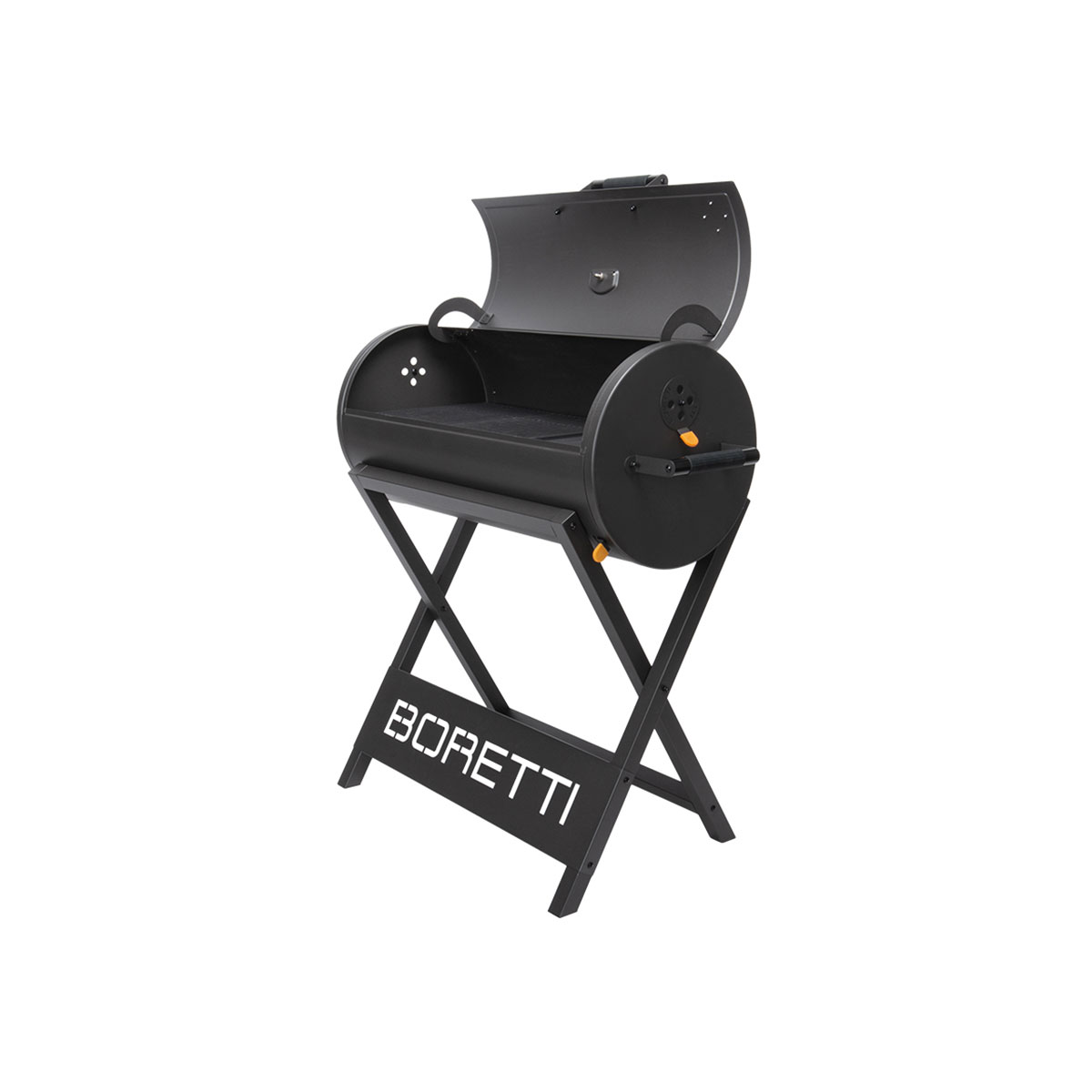 Black barrel-shaped BBQ grill with lid open, on a black foldable X-stand. Boretti logo on front.