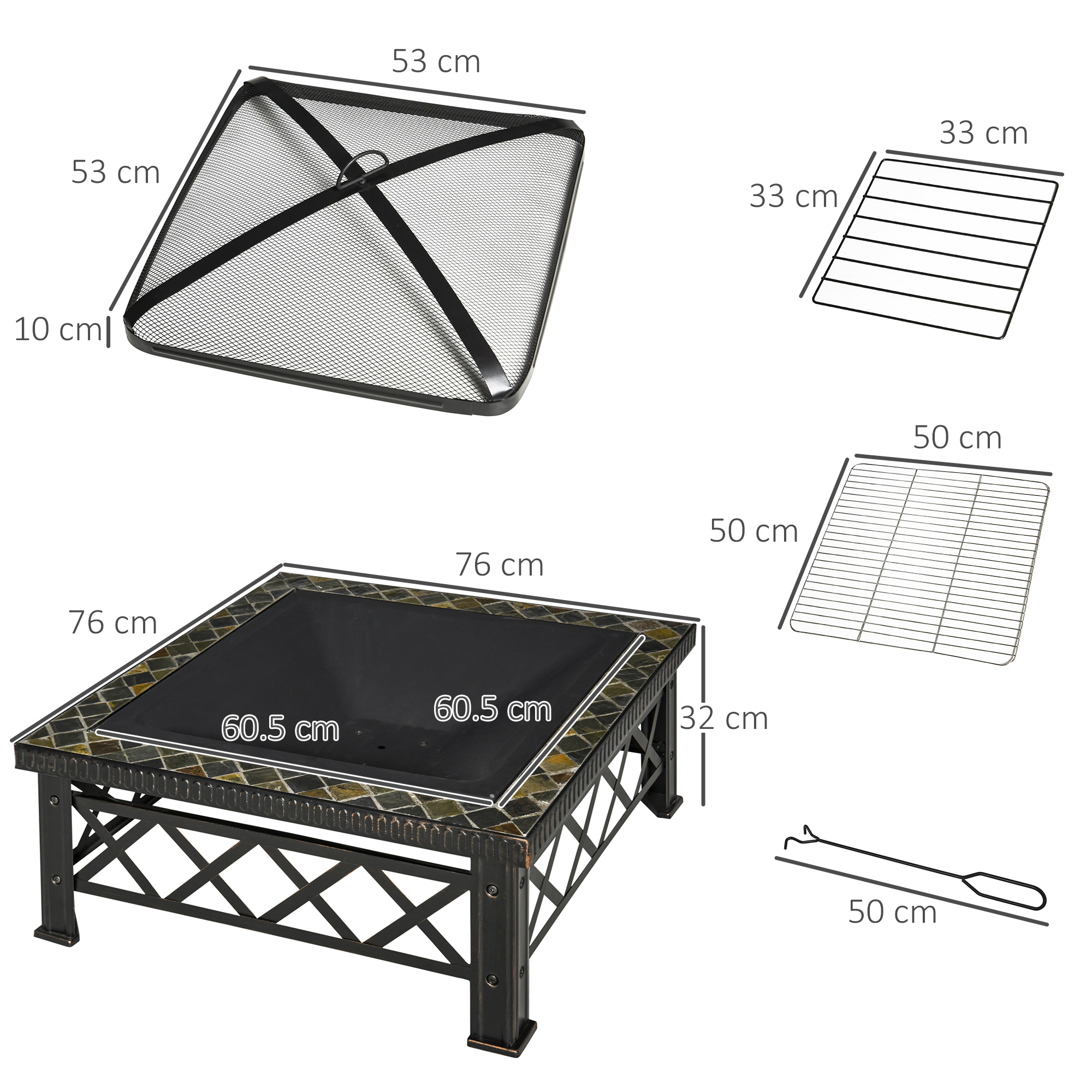 Focolare rettangolare con bordo a mosaico, coperchio, griglia e attizzatoio con dimensioni.