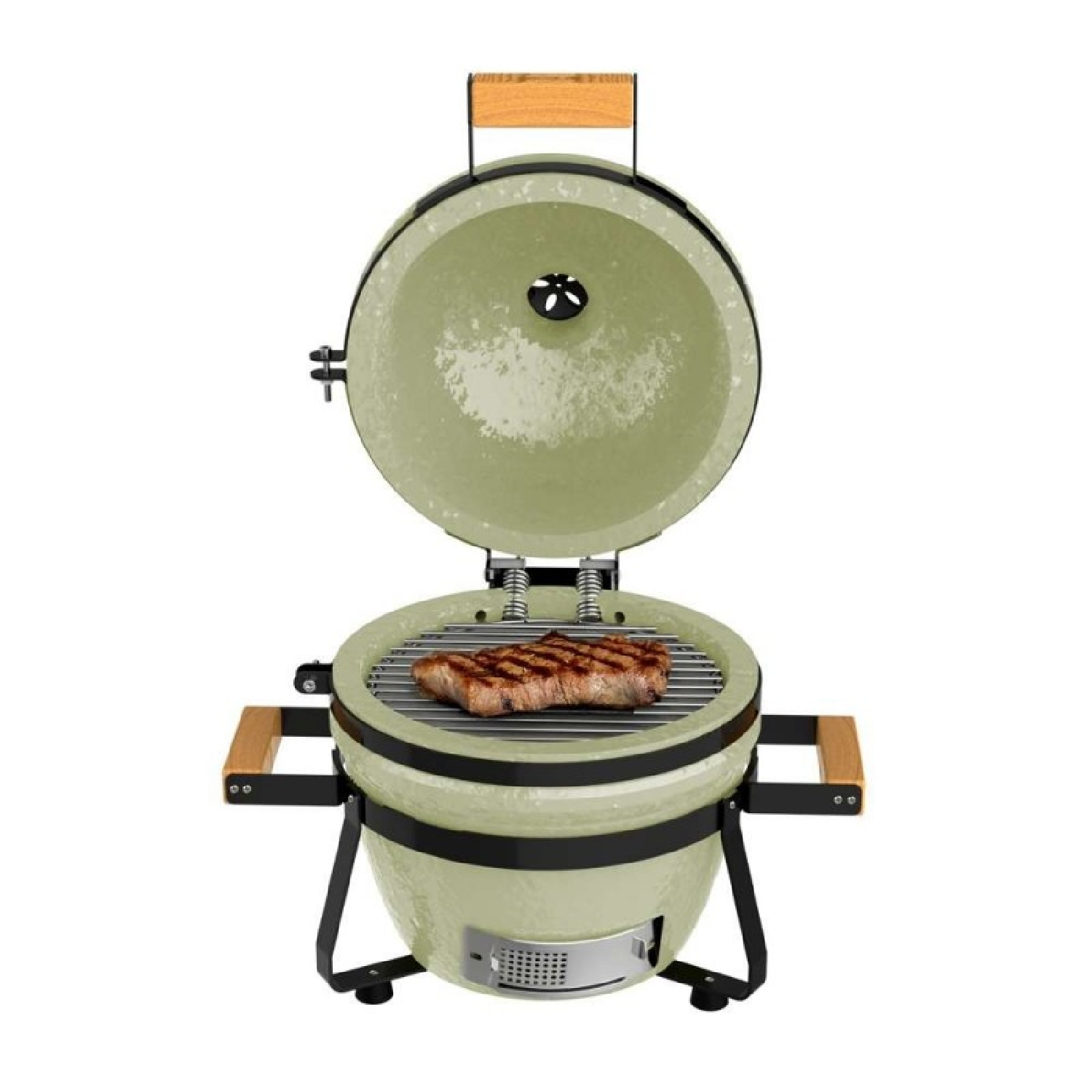 Una griglia in ceramica verde con coperchio aperto, che cuoce una bistecca sulla griglia.