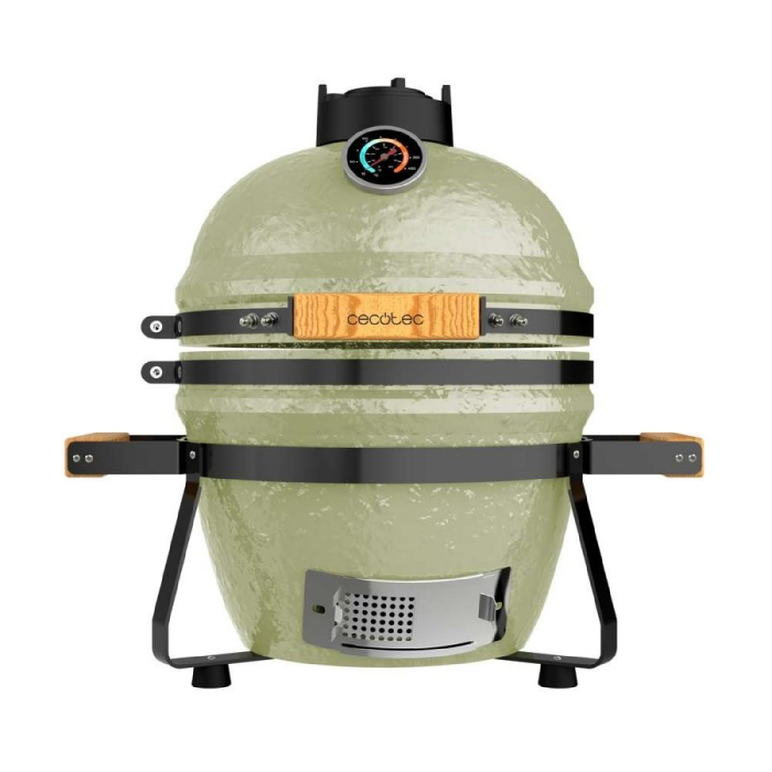 Un barbecue in ceramica verde chiaro con fasce nere, manici in legno e termometro.