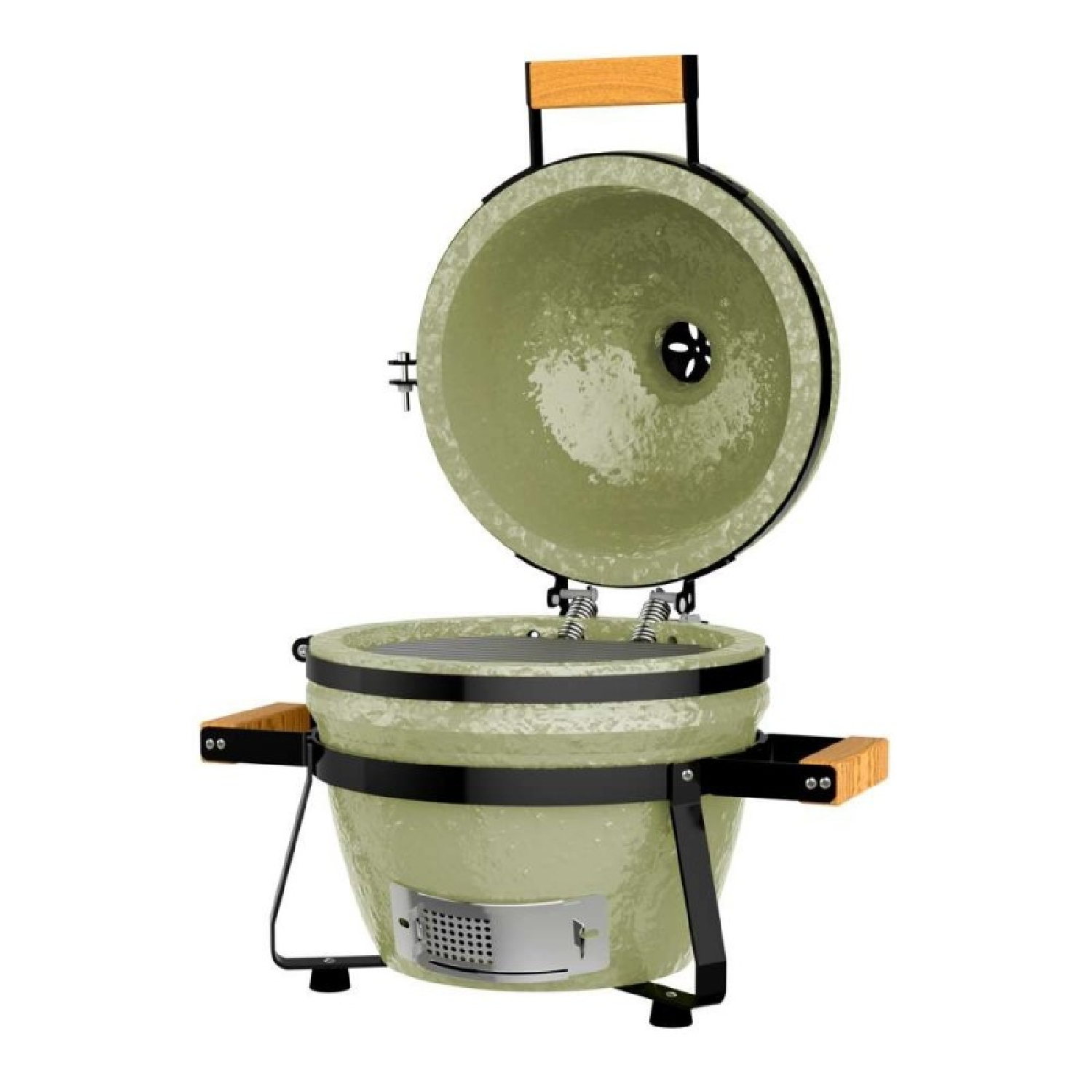 Una griglia in ceramica verde chiaro con coperchio aperto e manici in legno.