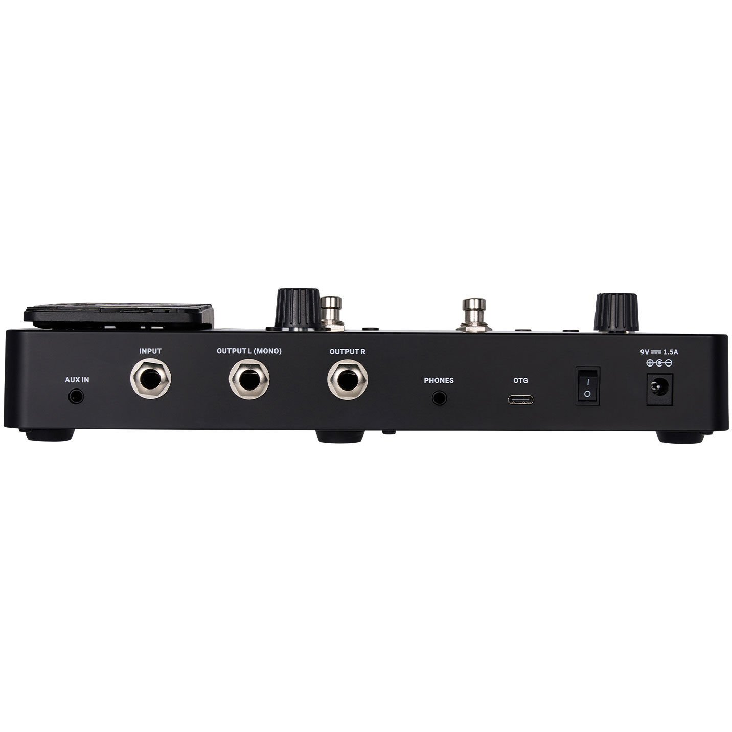 Bağlantı noktalarına sahip siyah pedal: Aux In, Input, Output L/R, Phones, OTG, anahtar, güç.