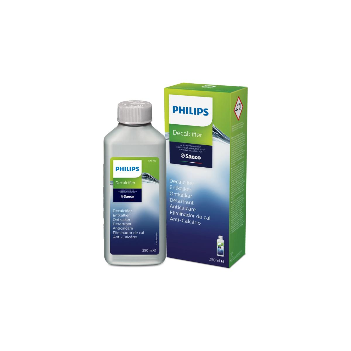 Philips Entkalker Flasche und Karton. Beschriftung in mehreren Sprachen.