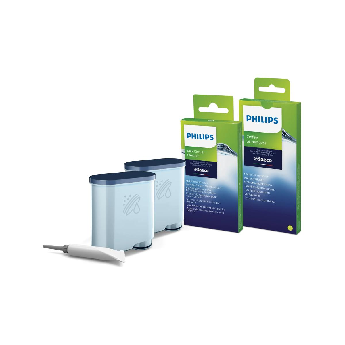 Zwei Philips Saeco Reinigungsmittel: Milchsystemreiniger und Kaffeefettlöser.