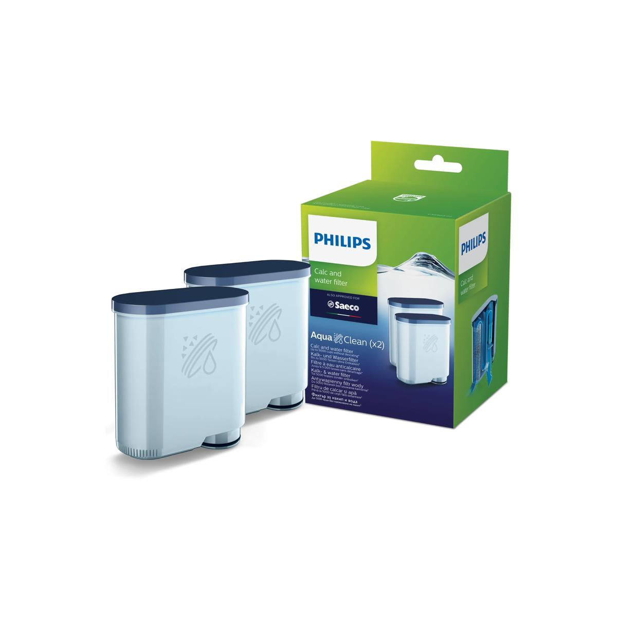 Due filtri acqua Philips Aqua Clean azzurri con coperchio blu scuro, accanto alla confezione.