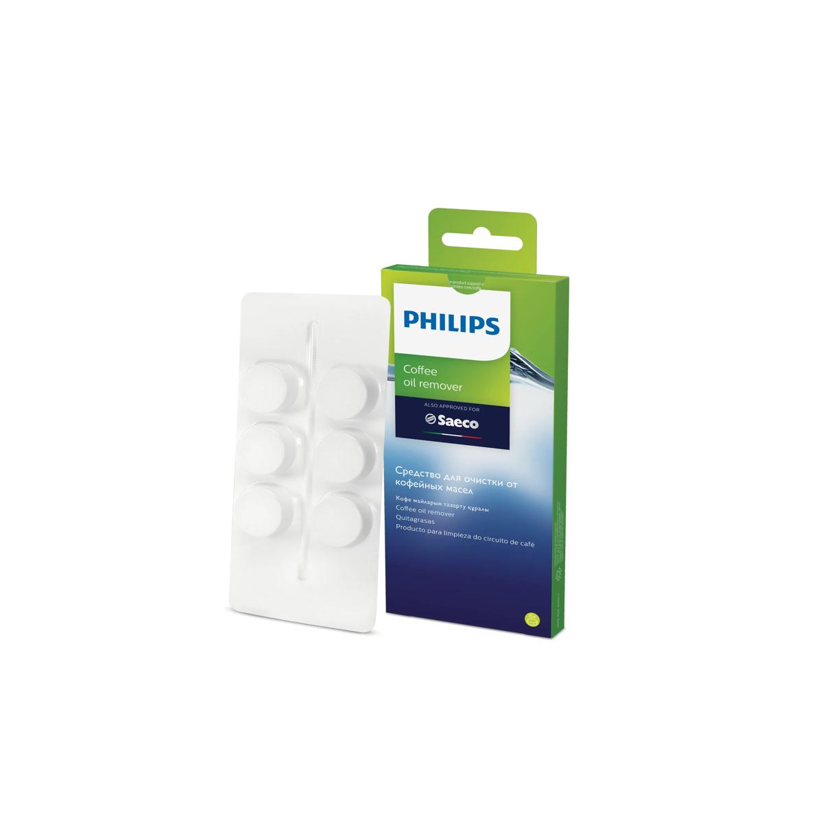 Philips Kaffeeölentferner-Verpackung mit weißen Tabletten im Blister.