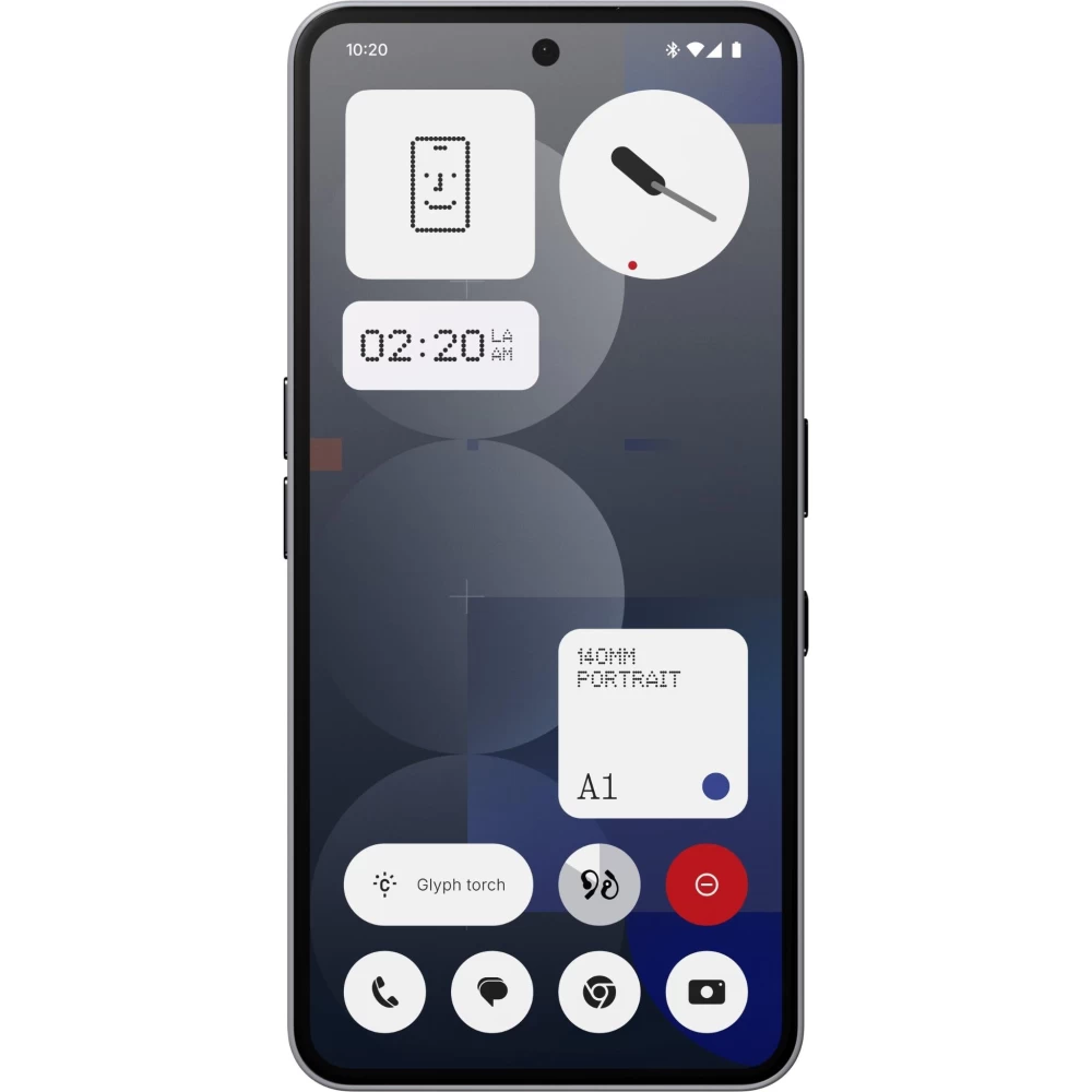 Bir akıllı telefon ekranı widget'ları gösterir: yüz, saat ve aletler.