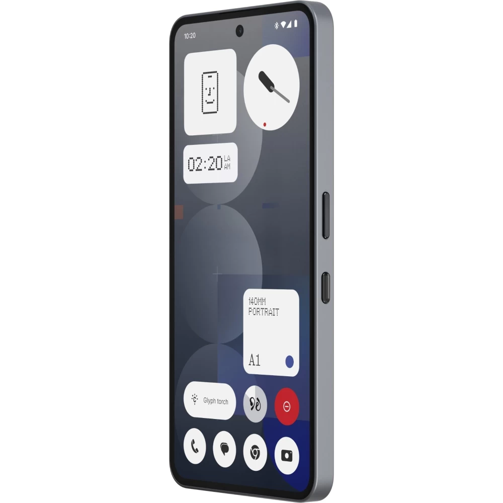 Gri akıllı telefon, widget'ları gösteriyor: saat, yüz simgesi, tornavida ve A1 portresi.