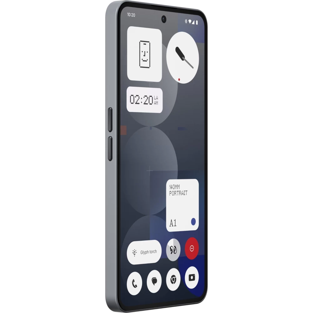 Widget'lar içeren koyu bir arka planı gösteren gri akıllı telefon.