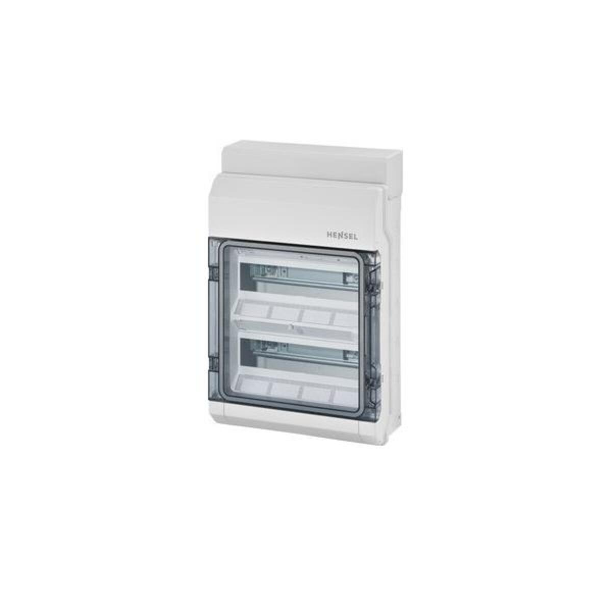 Contenitore elettrico bianco con porta trasparente e guide.