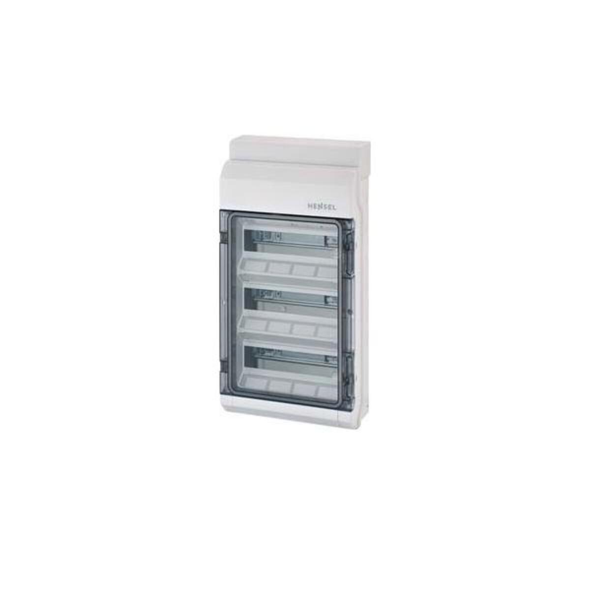 Un quadro elettrico bianco HENSSEL con porta trasparente e scomparti multipli.