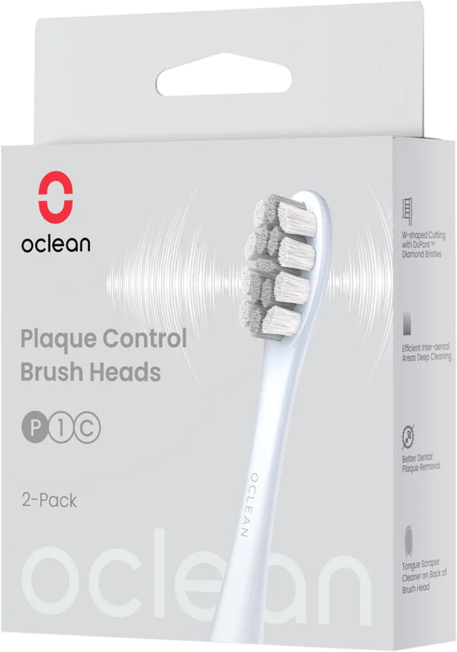 Packung mit 2 Oclean Plaque Control Bürstenköpfen, eine davon ist sichtbar.