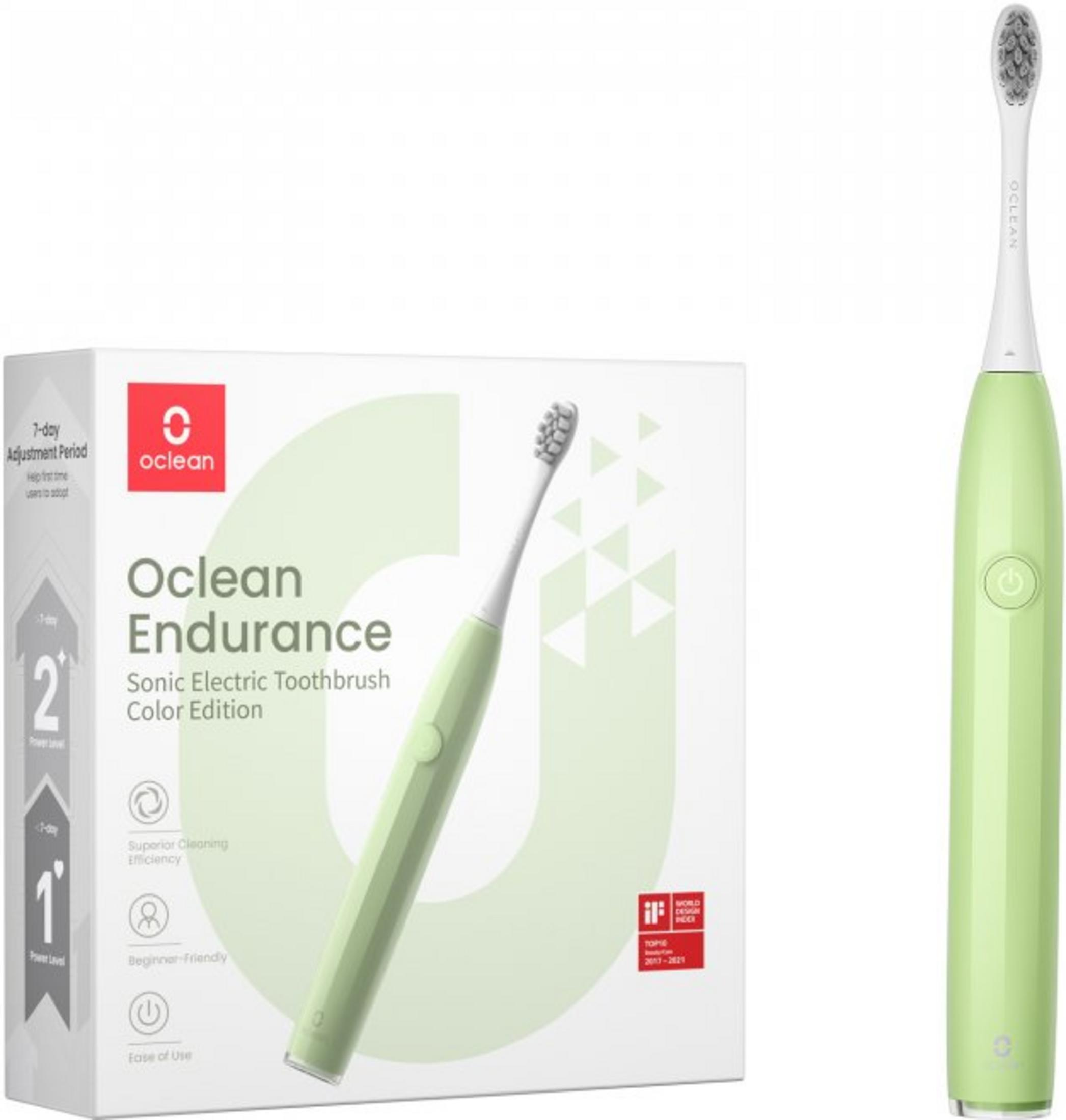 Grüne elektrische Zahnbürste und Verpackung, Oclean Endurance.