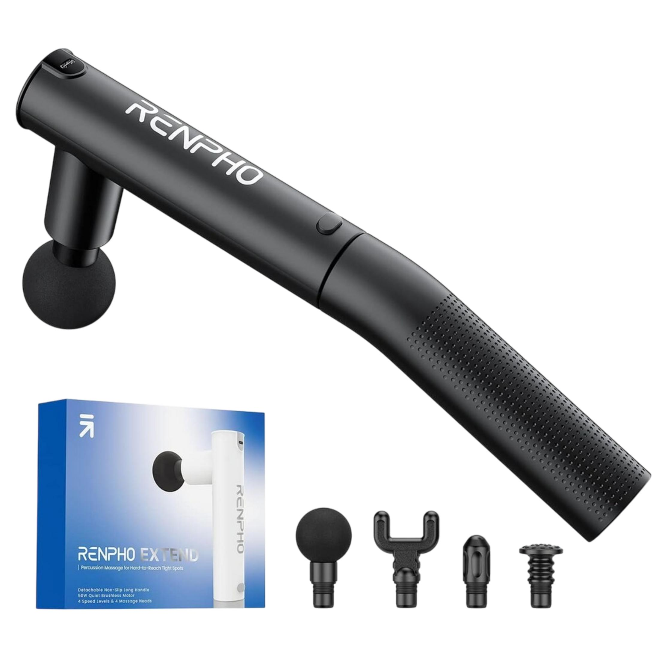 Schwarze Massagepistole mit Aufsätzen und Verpackung.