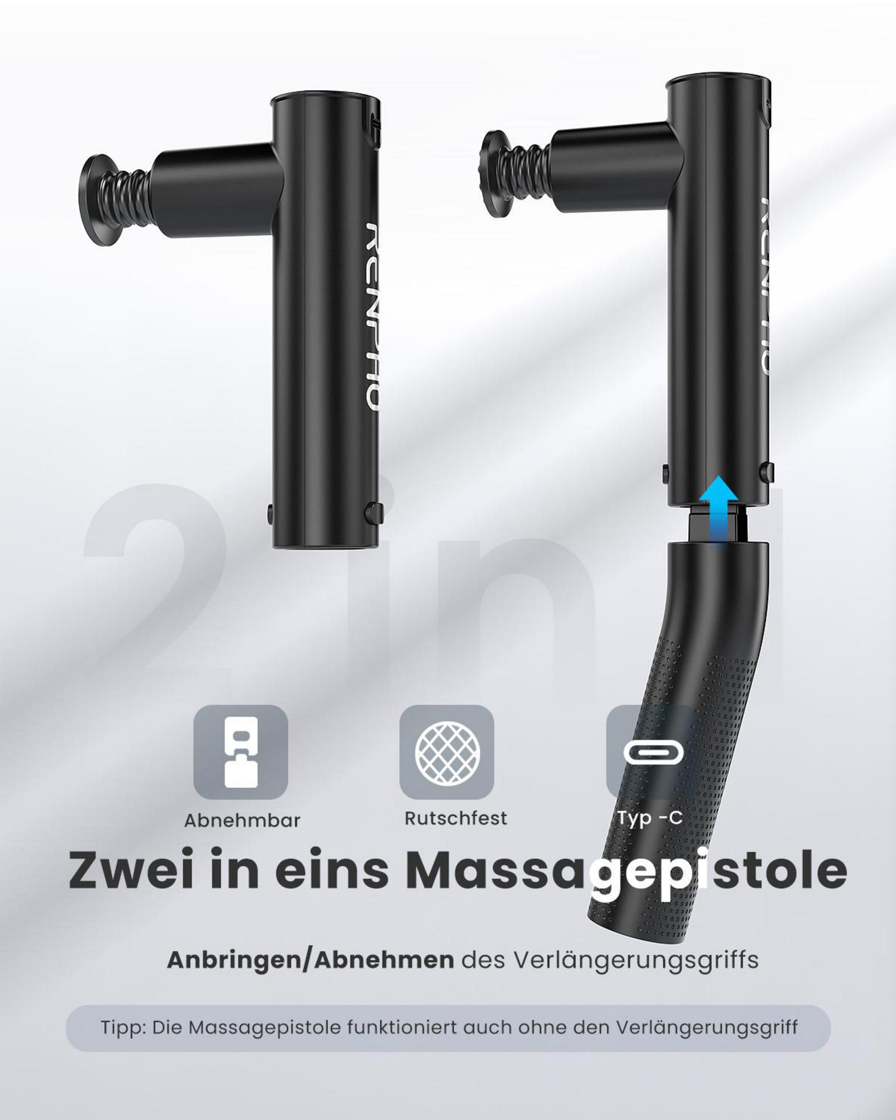 Zwei schwarze Massagepistolen, eine aufgebaut, eine mit Verlängerungsgriff.