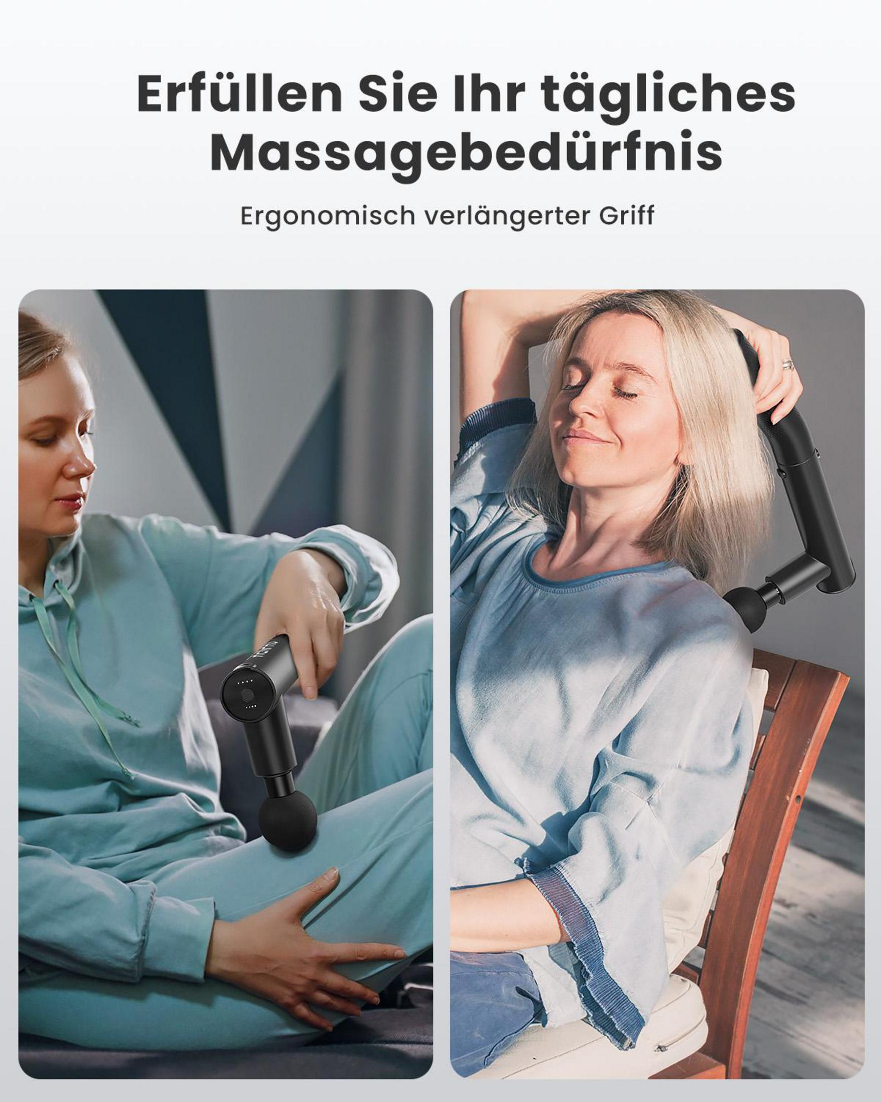 Zwei Frauen nutzen Massagepistolen: eine sitzend, die andere entspannt liegend.