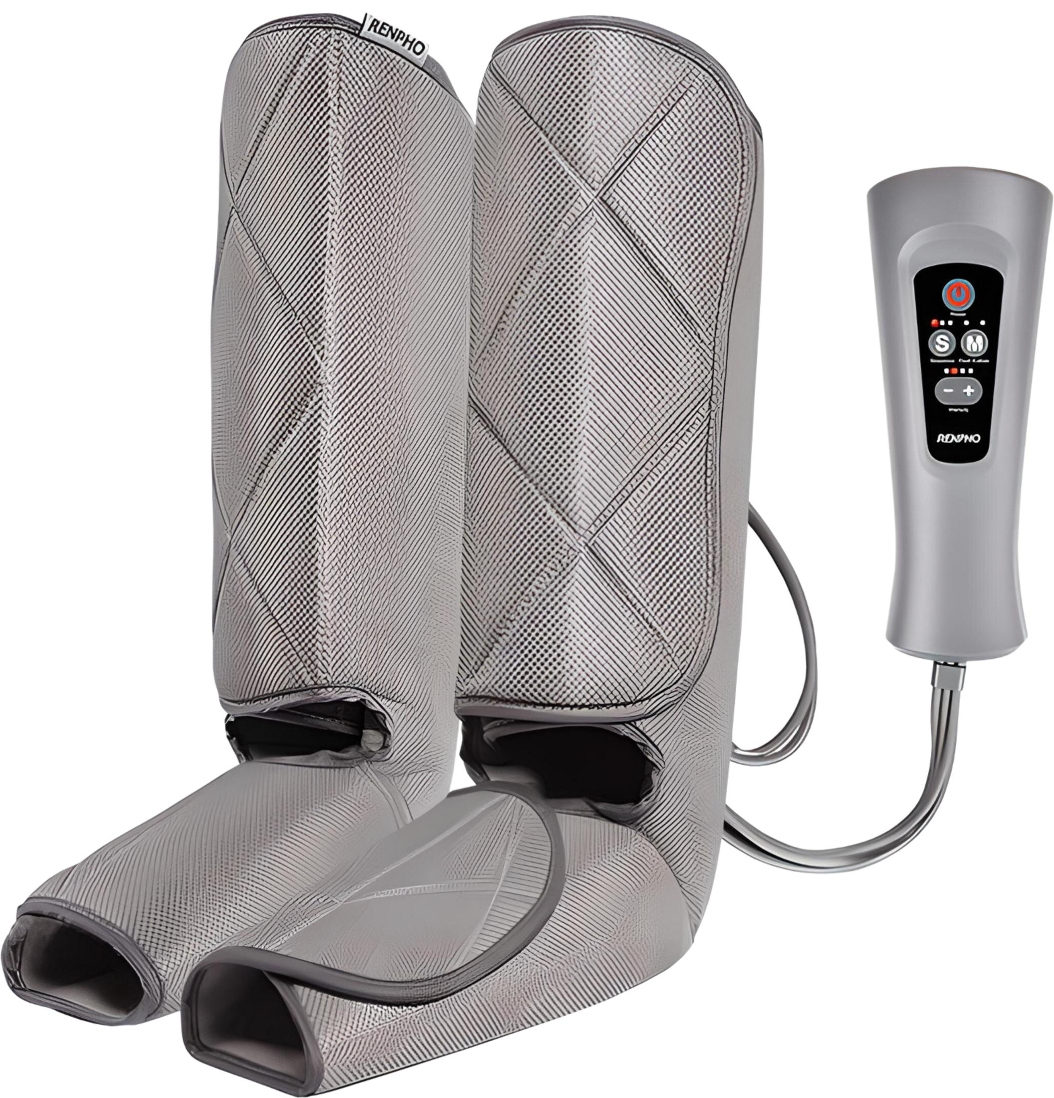 Graue Beinmassagegeräte mit Fernbedienung und Schläuchen, weißer Hintergrund.