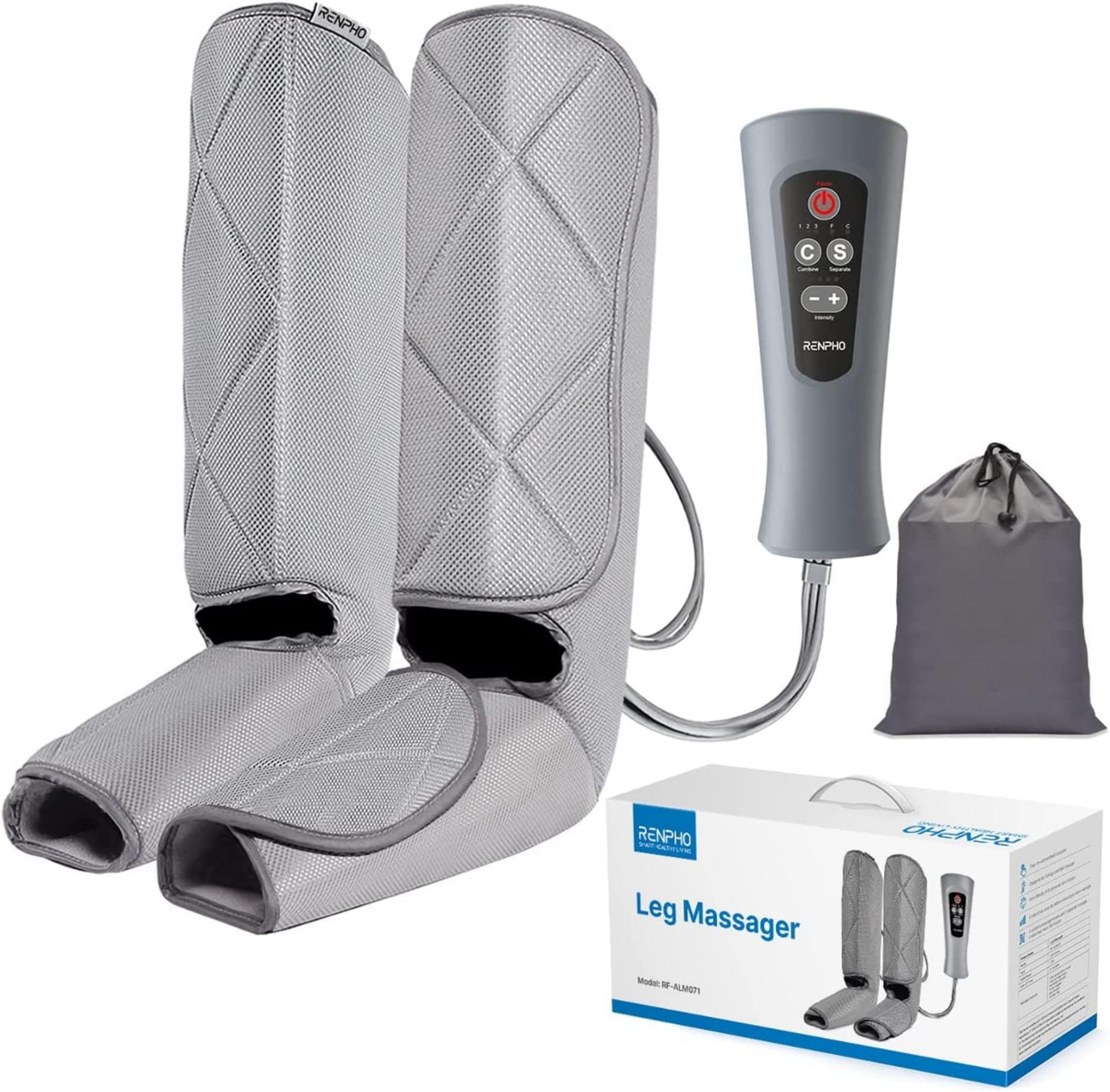 Graue Beinmassagegeräte mit Fernbedienung und Aufbewahrungstasche.