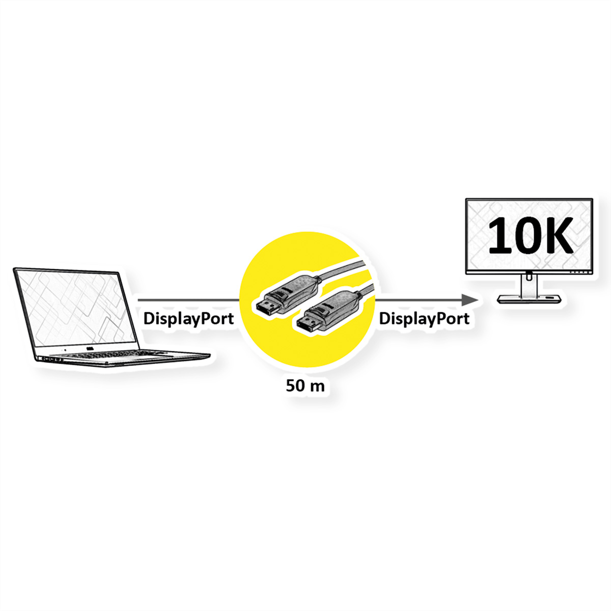 Laptop via DisplayPort-kabel verbonden met 10K-monitor.