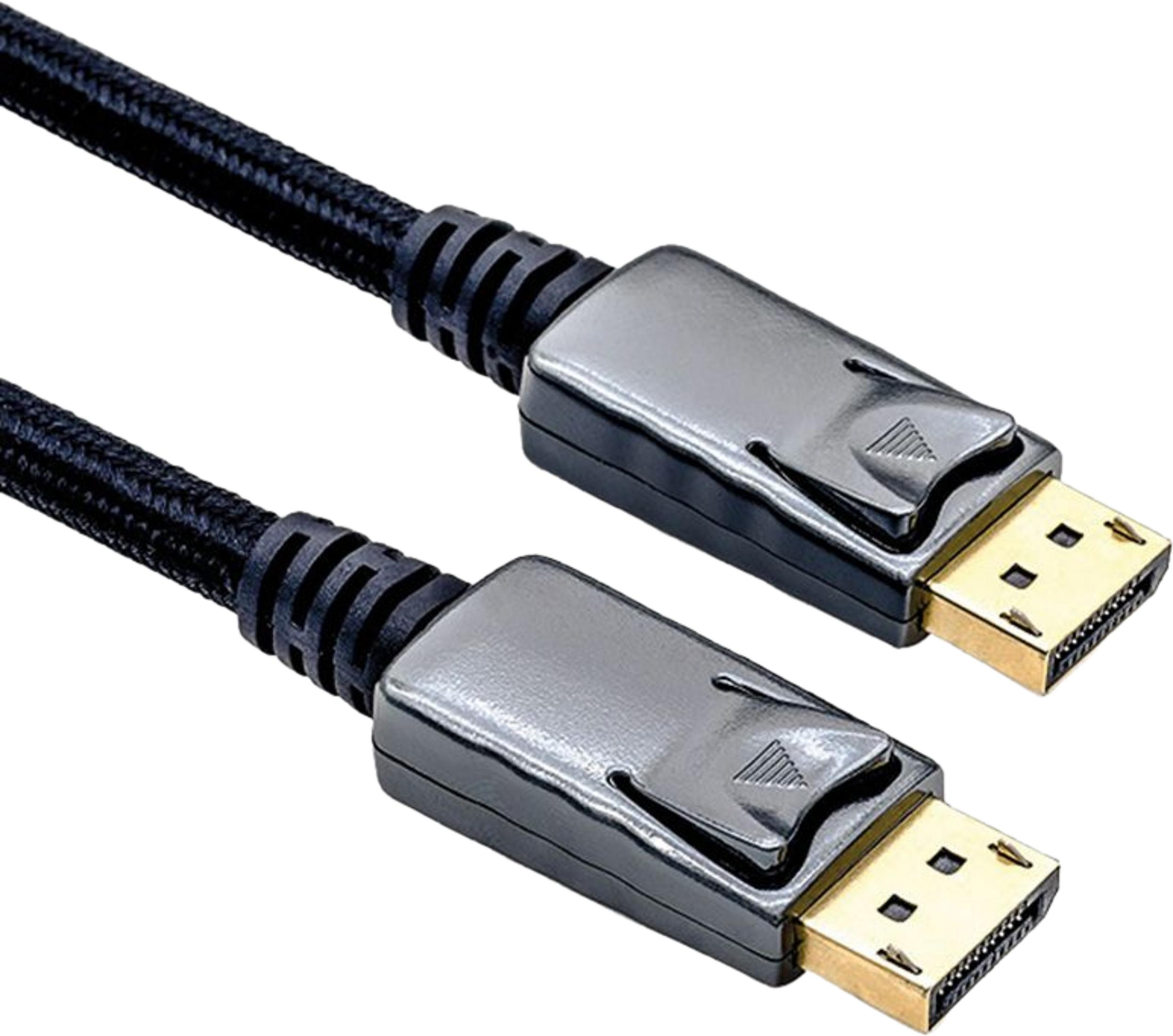 Un câble DisplayPort noir avec deux connecteurs dorés.