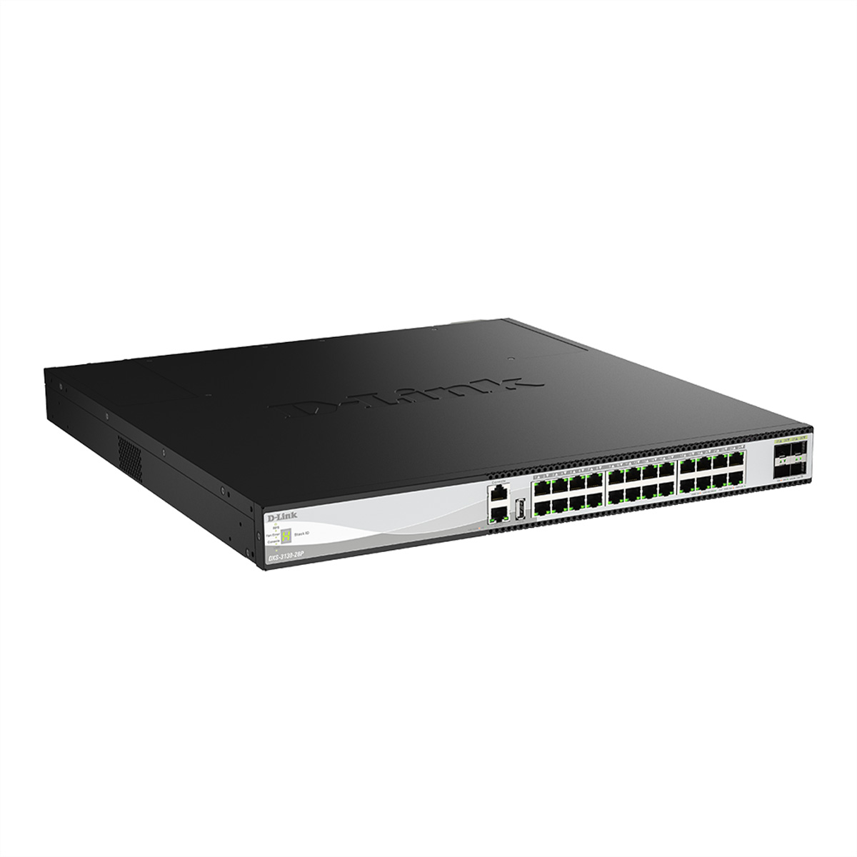 Uno switch di rete D-Link nero con 24 porte verdi a sinistra e a destra.