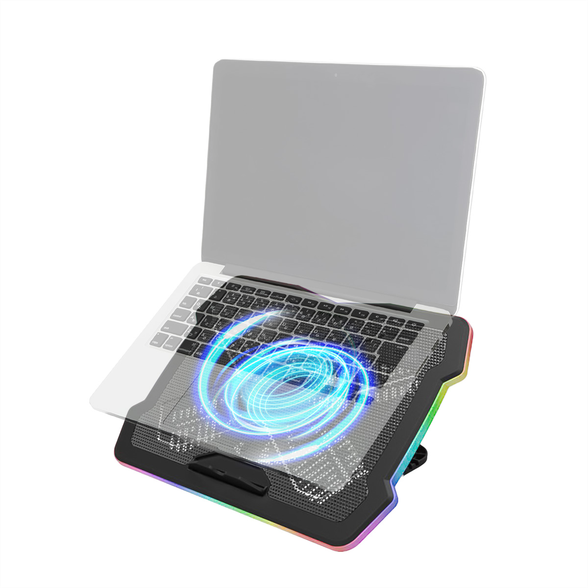 Ein Laptop steht auf einem beleuchteten Kühlständer mit blauen Wirbeln